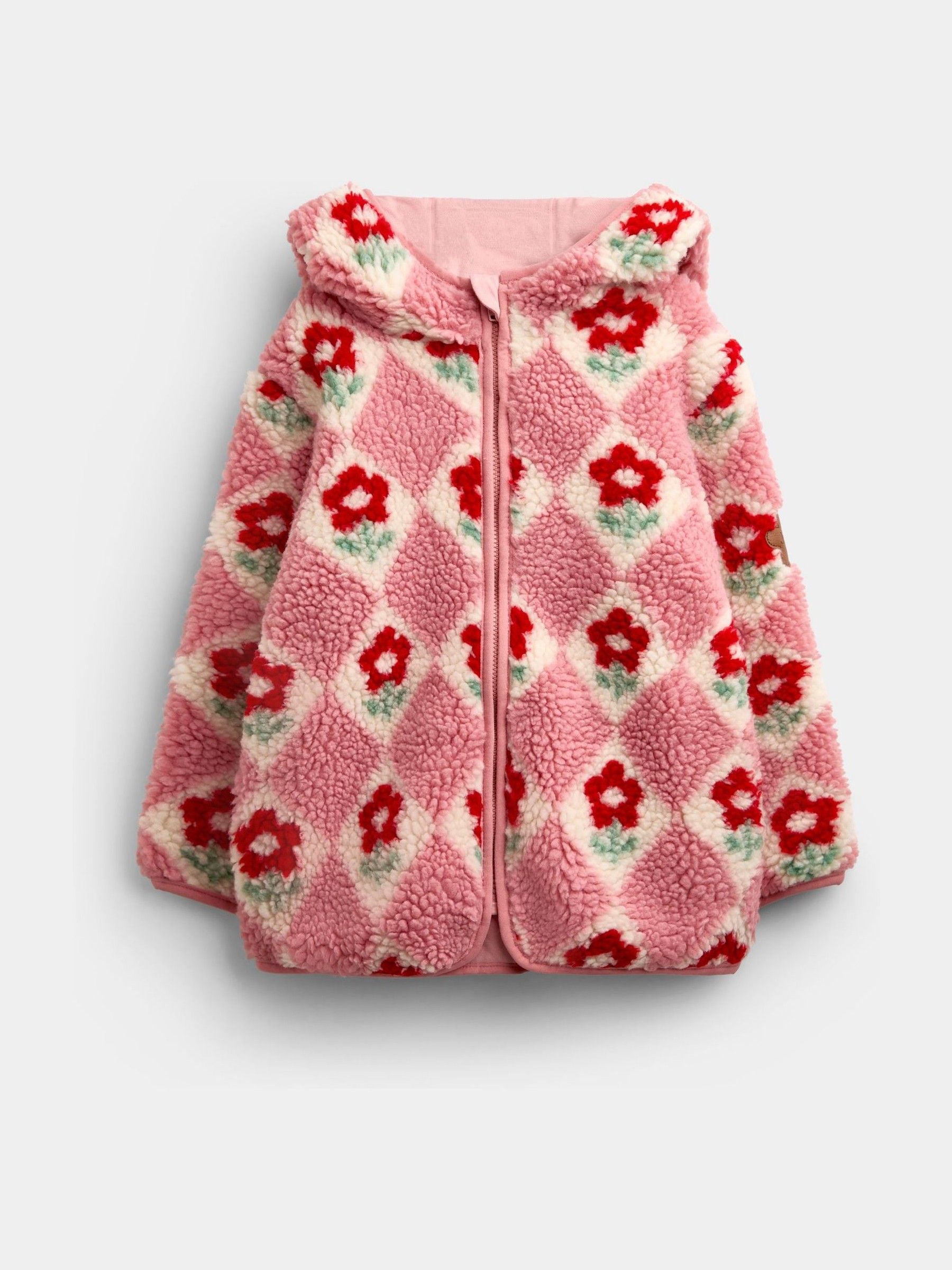Pink Floral Harlequin Hooded Borg Fleece - Image 1 of 4 Pink Floral Harlequin Hooded Borg Fleece - Image 1 of 4