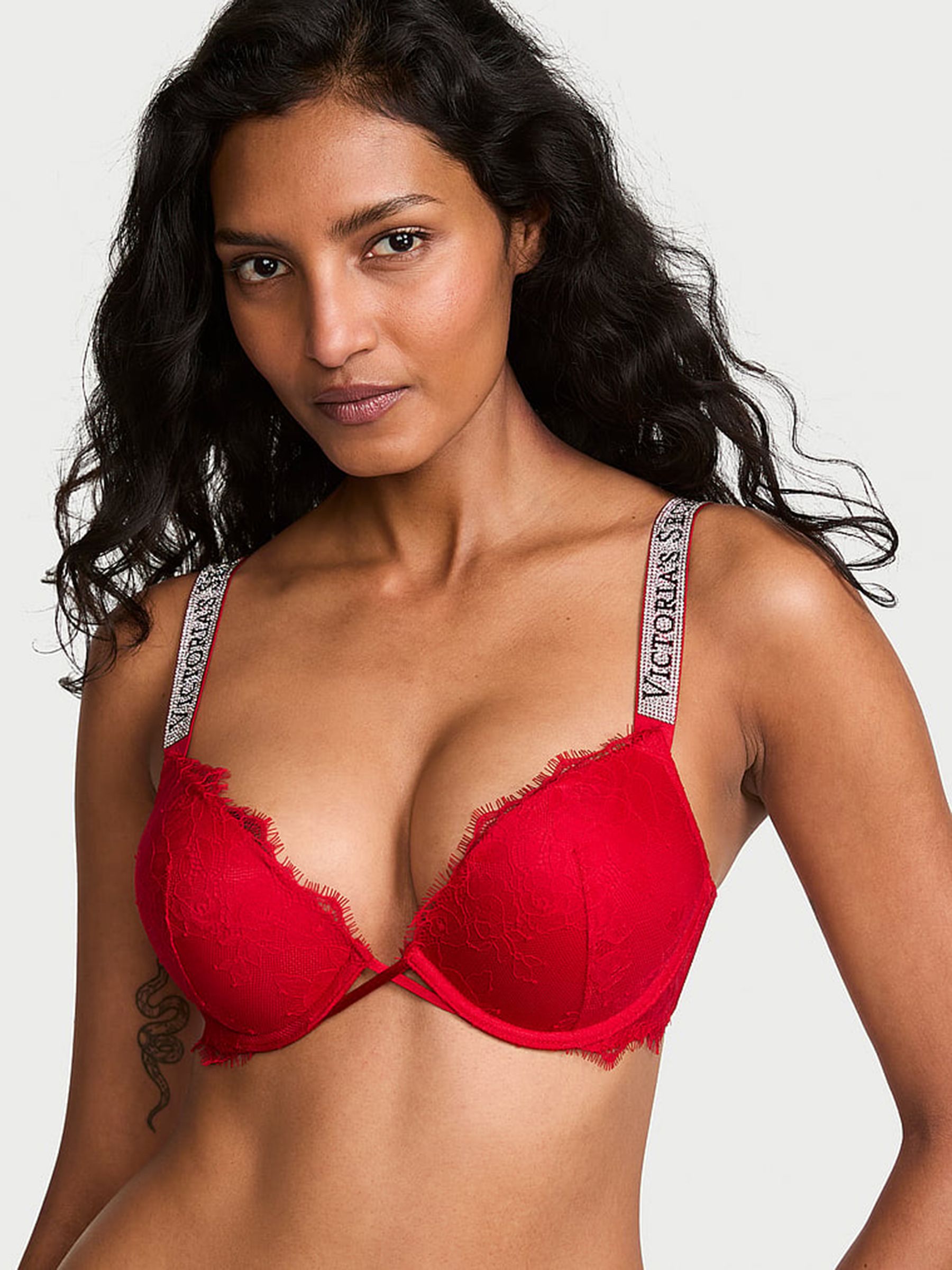 Lipstick Red Add 2 Cups Push Up Bombshell Lace Shine Strap Bra - Image 1 of 2 Lipstick Red Add 2 Cups Push Up Bombshell Lace Shine Strap Bra - Image 1 of 2
