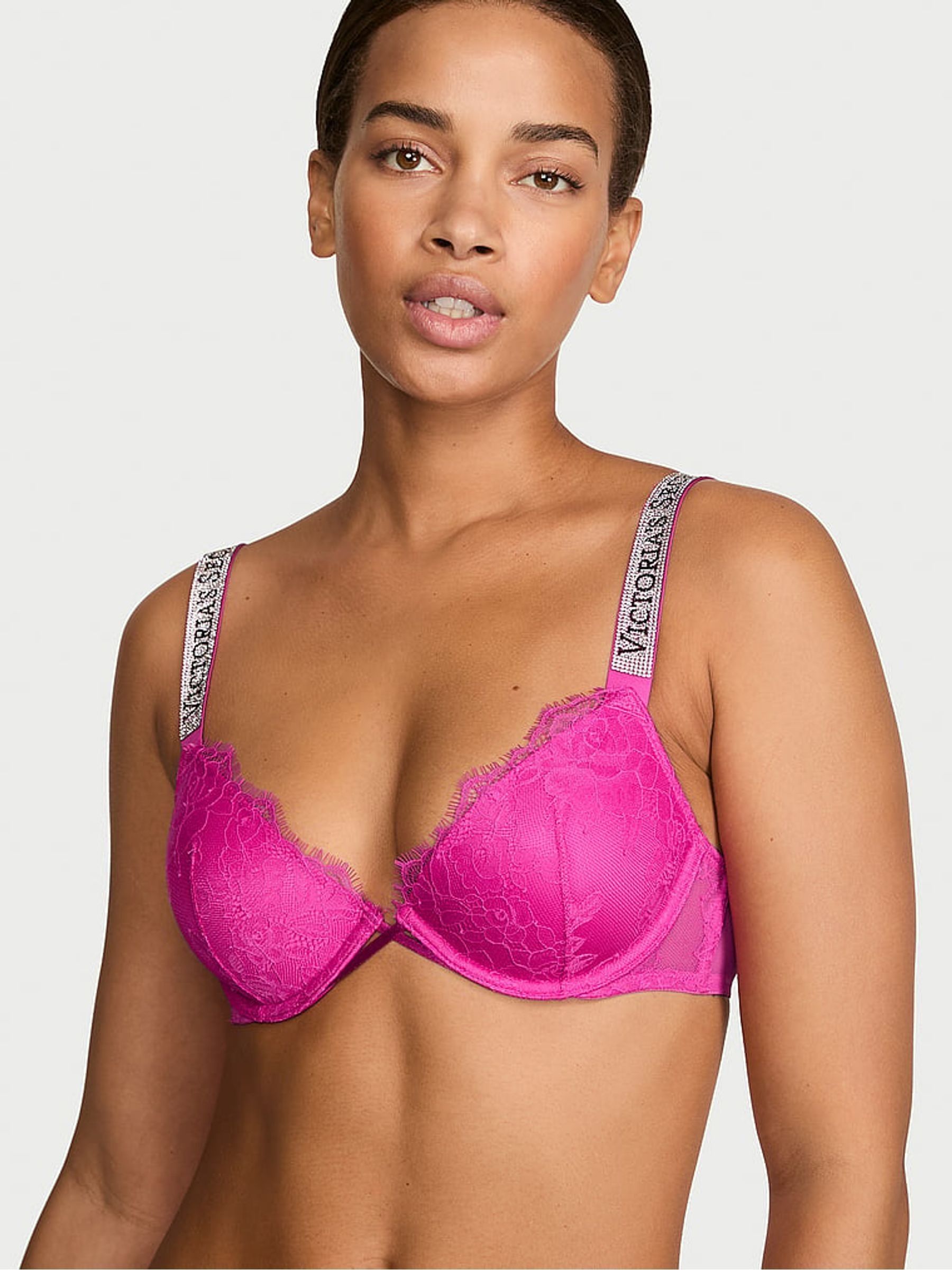Pink Fire Lightly Lined Demi Shine Strap Lace Bra - Image 1 of 2 Pink Fire Lightly Lined Demi Shine Strap Lace Bra - Image 1 of 2