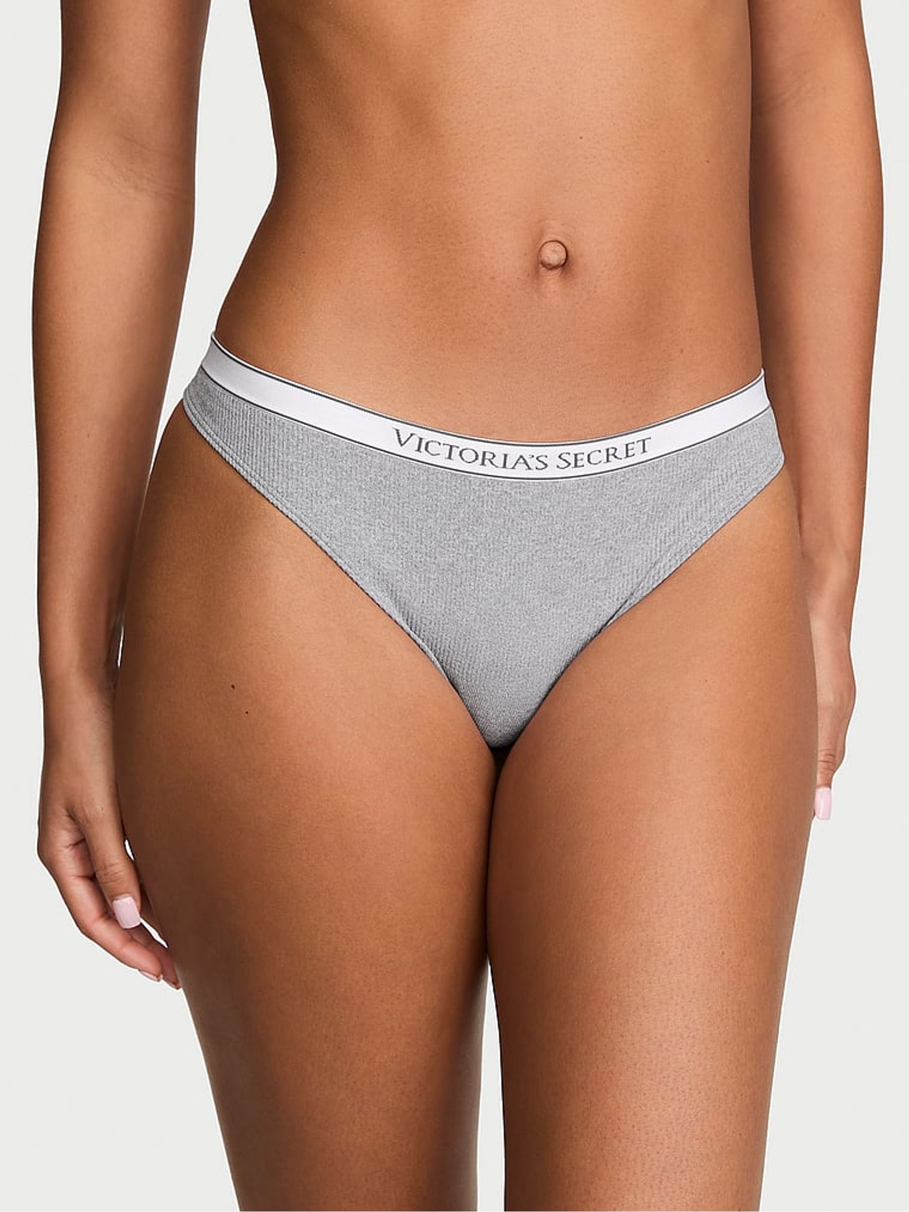 Medium Heather Grey Thong Logo Ribbed Knickers - Image 1 of 2