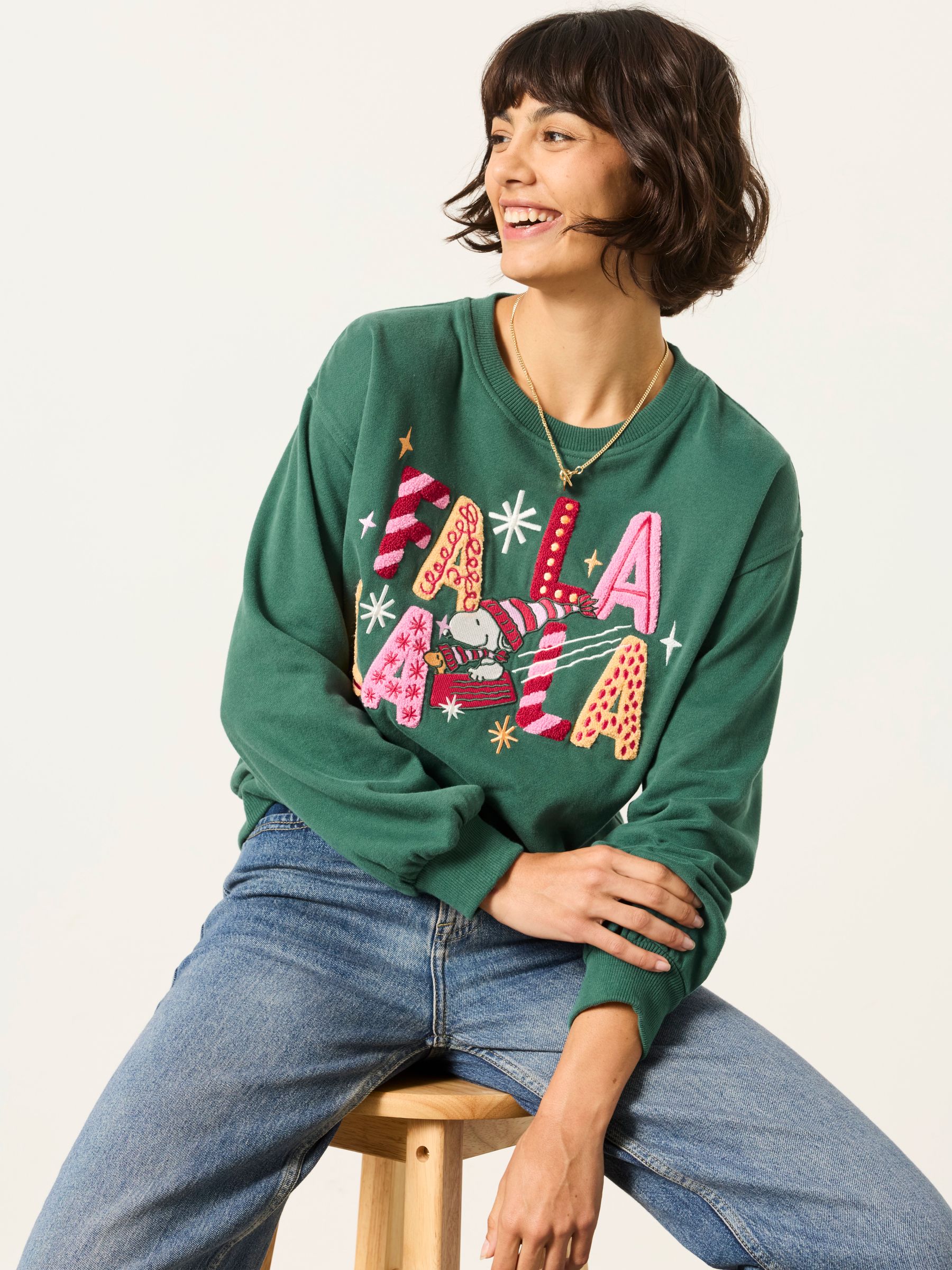 Alex Dark Green Snoopy Christmas Graphic Crew Sweat | FatFace