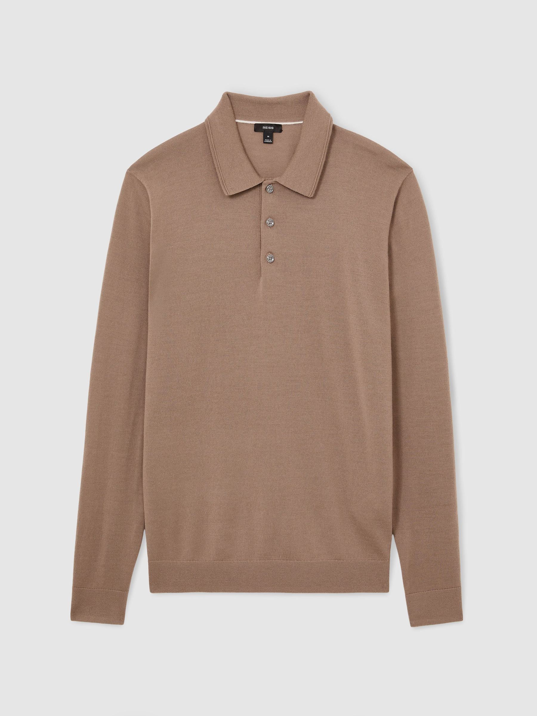 Merino Wool Long-Sleeve Polo Shirt in Camel Brown - Image 2 of 7 Merino Wool Long-Sleeve Polo Shirt in Camel Brown - Image 2 of 7