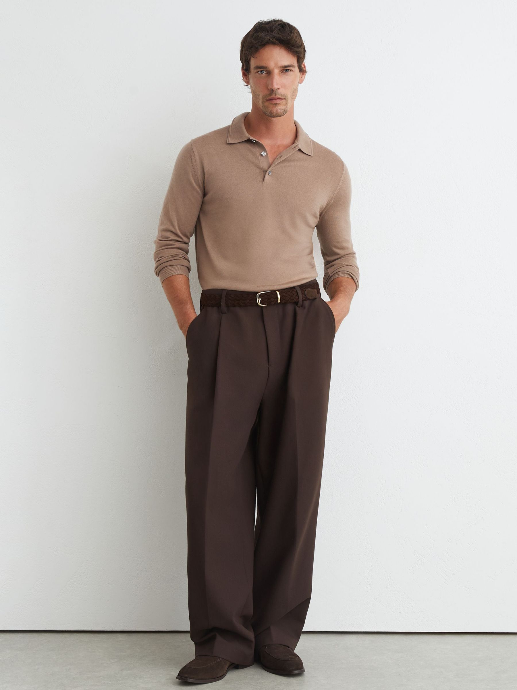 Merino Wool Long-Sleeve Polo Shirt in Camel Brown - Image 3 of 7