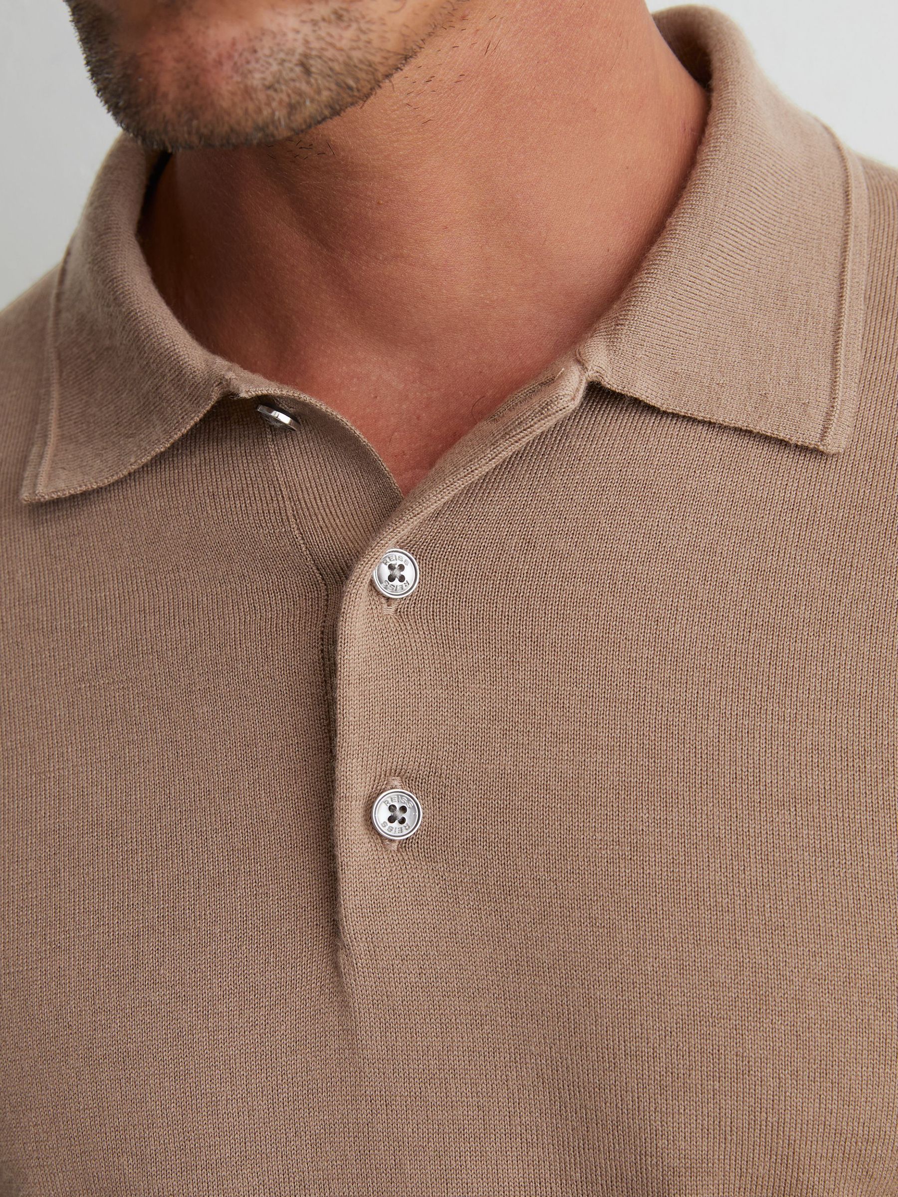 Merino Wool Long-Sleeve Polo Shirt in Camel Brown - Image 4 of 7