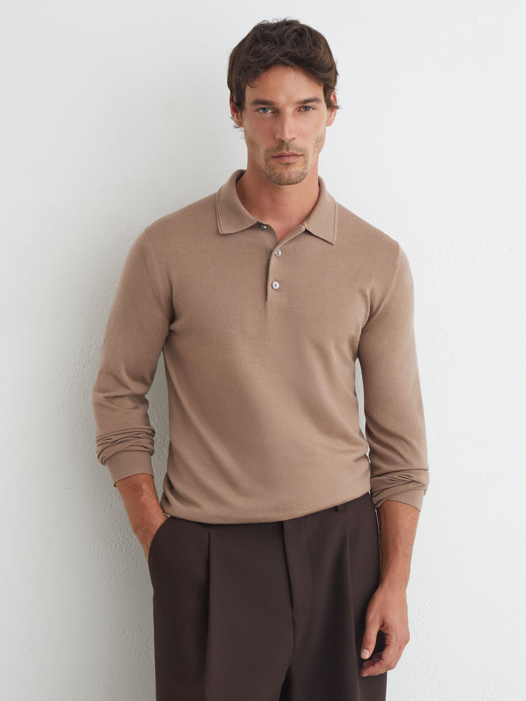 Merino Wool Long-Sleeve Polo Shirt in Camel Brown - Image 5 of 7