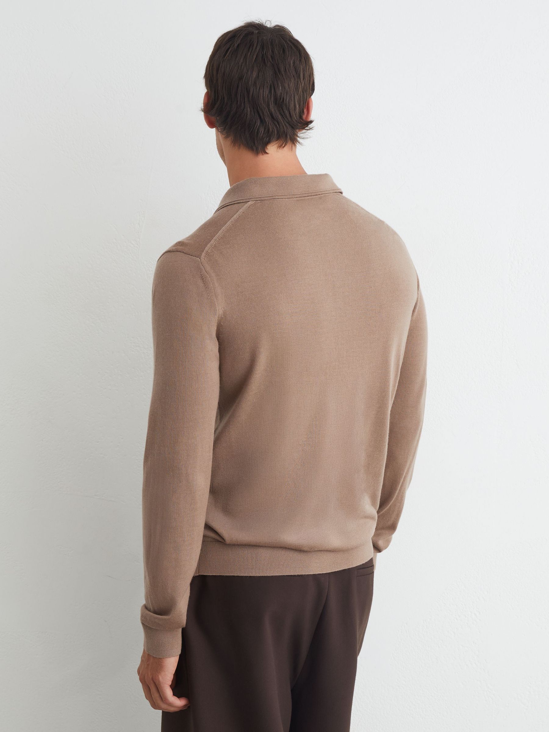 Merino Wool Long-Sleeve Polo Shirt in Camel Brown - Image 6 of 7