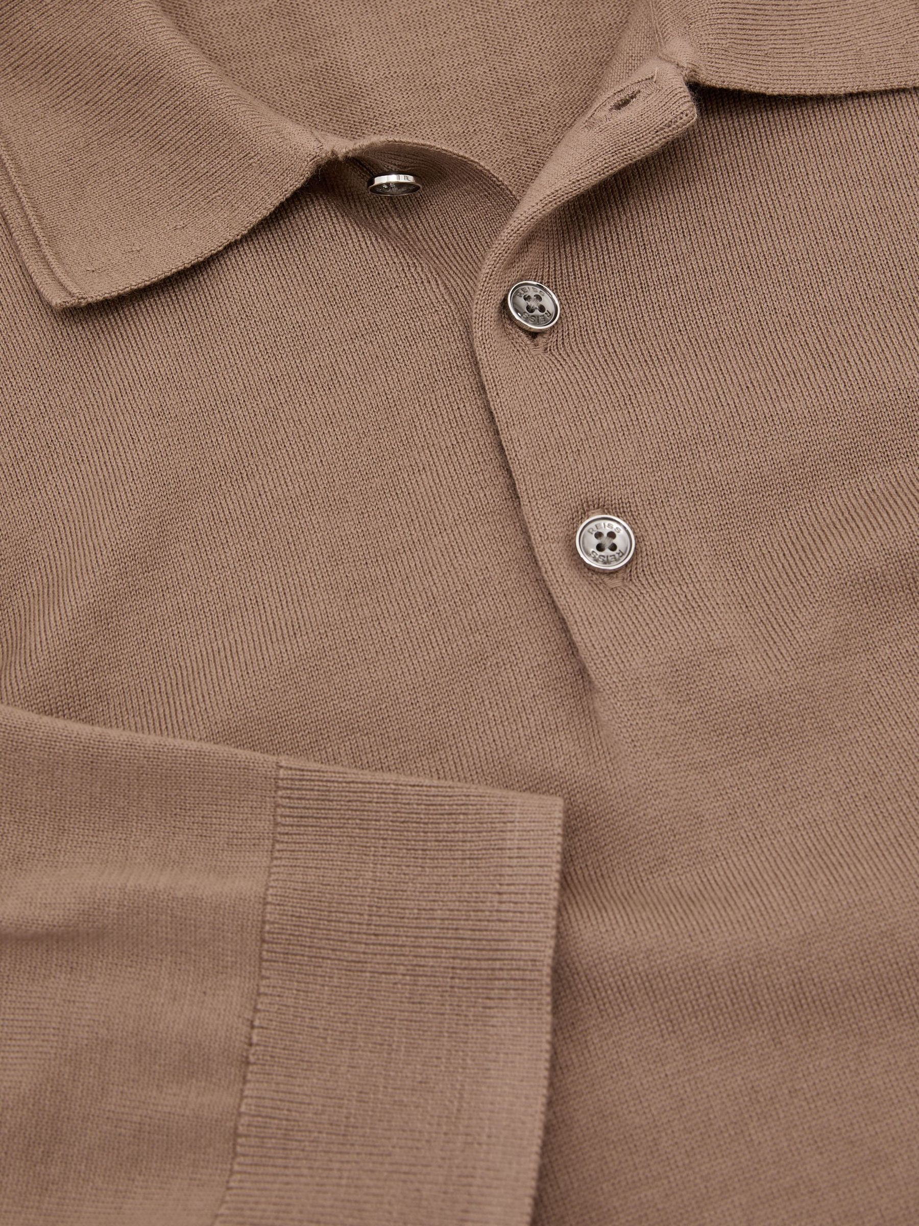 Merino Wool Long-Sleeve Polo Shirt in Camel Brown - Image 7 of 7