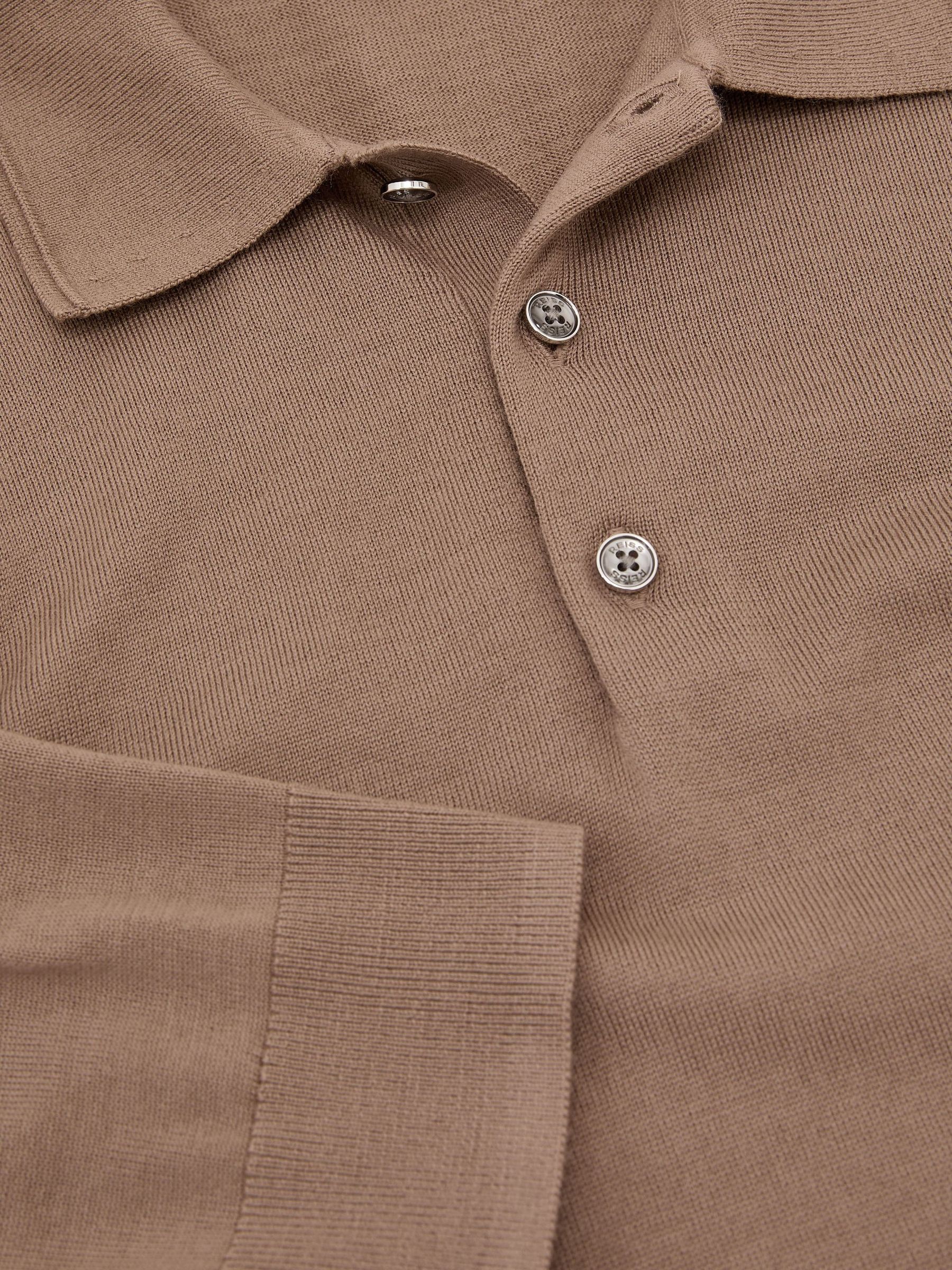 Merino Wool Long-Sleeve Polo Shirt in Camel Brown - Image 8 of 8