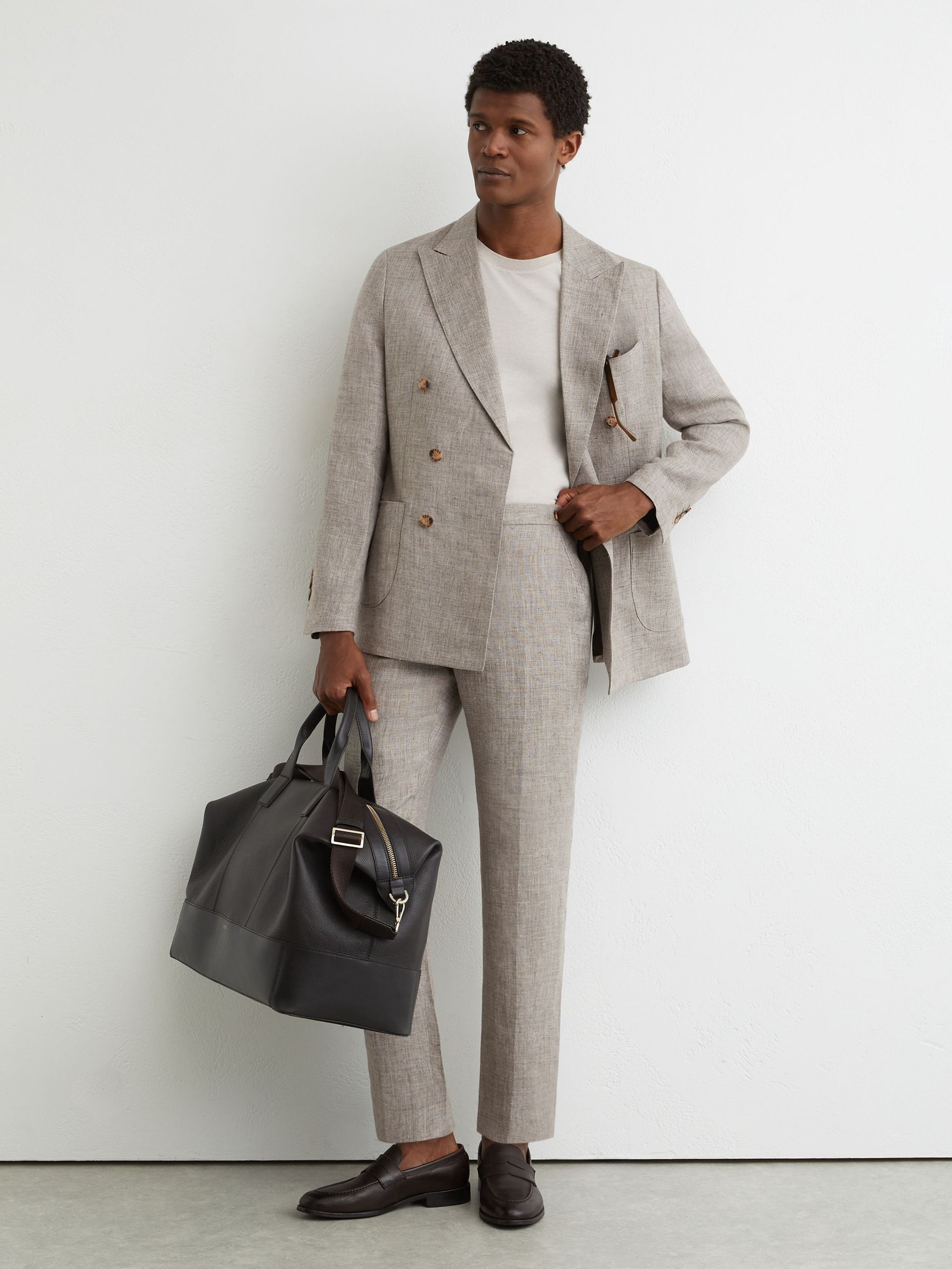 Tailored Fit Linen Suit Trousers in Taupe Brown - Image 1 of 6