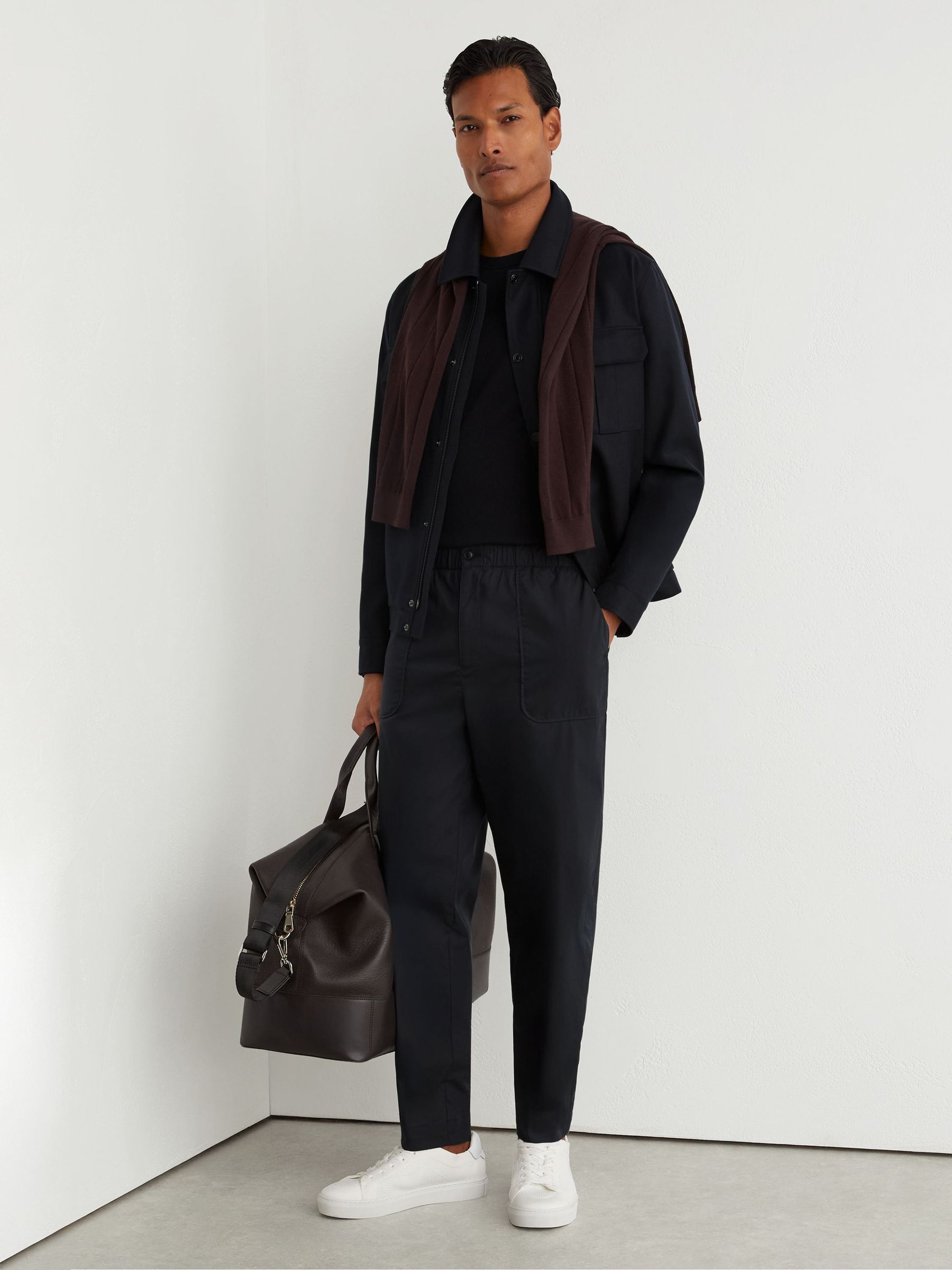 Cotton-Blend Lightweight Tapered Trousers in Navy - Image 1 of 6