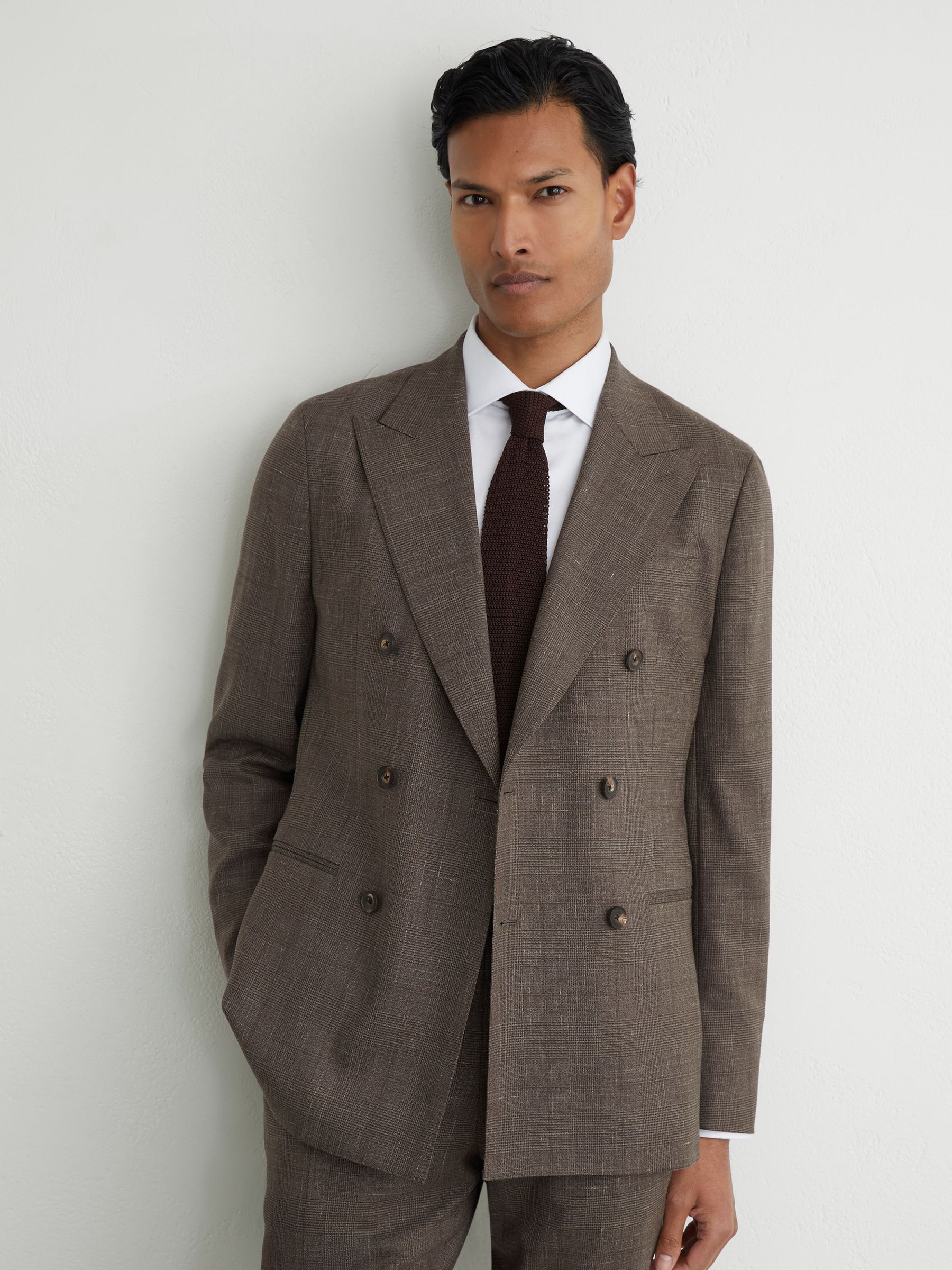 Wool Check Double-Breasted Suit Blazer Classic-Fit in Chocolate Brown - Image 1 of 8