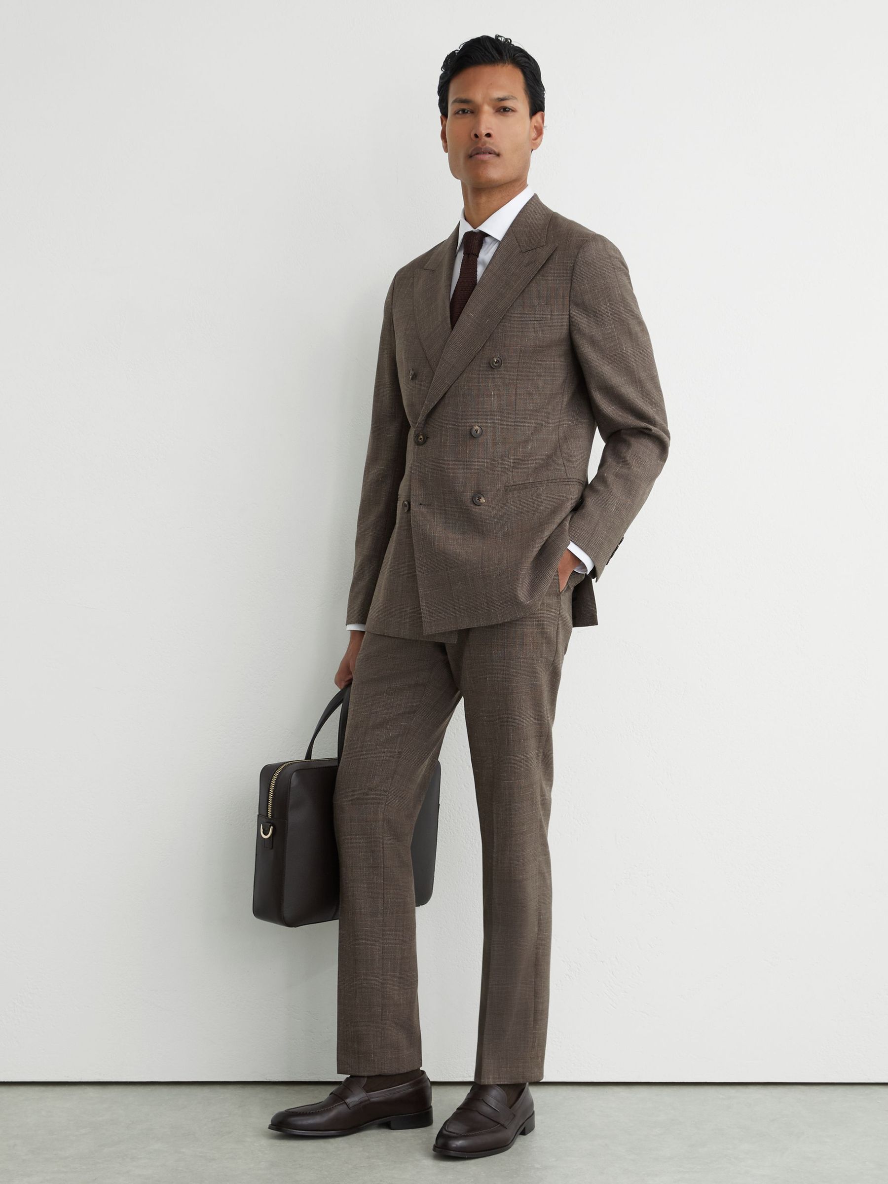 Wool Check Double-Breasted Suit Blazer Classic-Fit in Chocolate Brown - Image 4 of 8