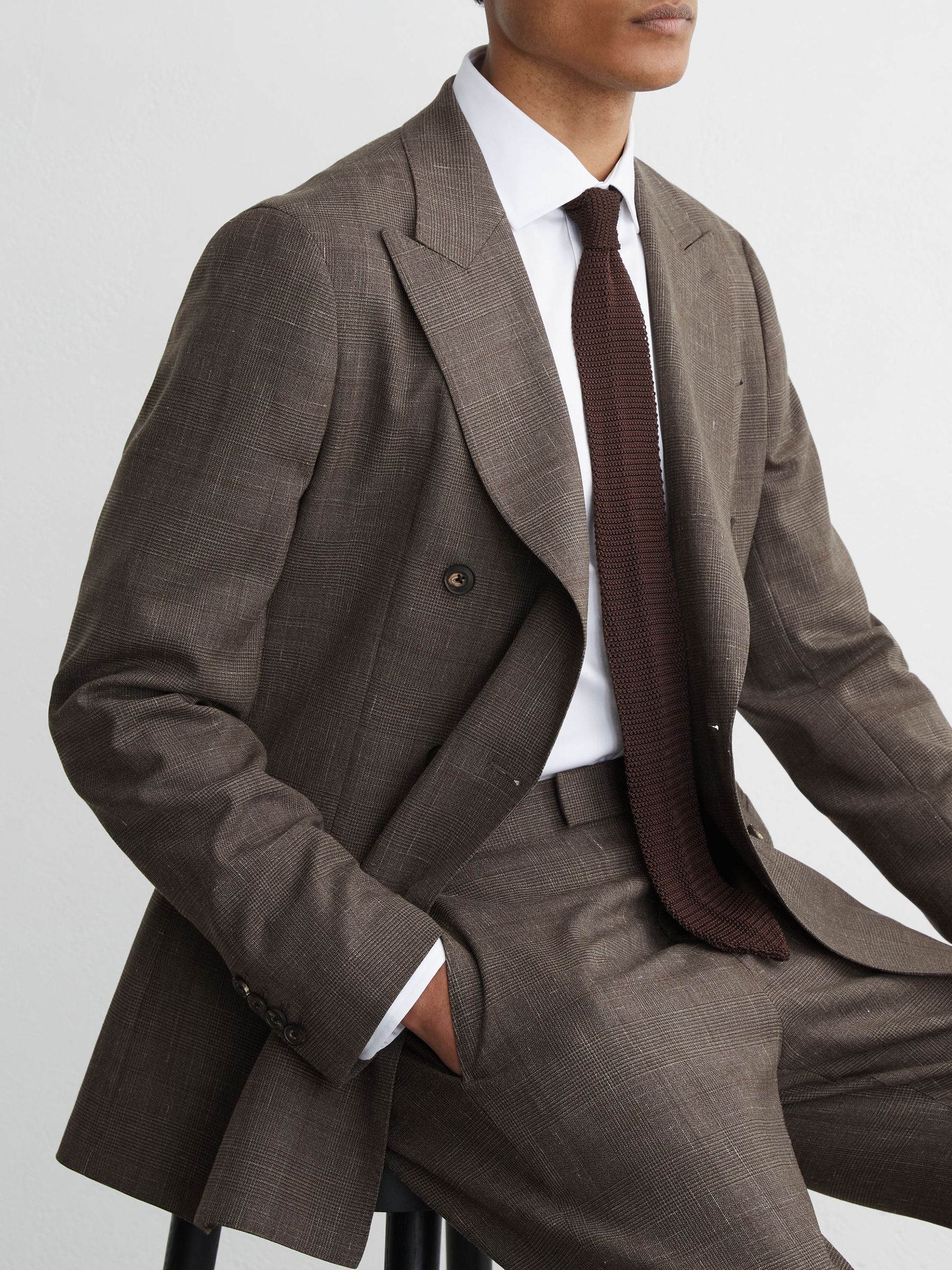 Wool Check Double-Breasted Suit Blazer Classic-Fit in Chocolate Brown - Image 5 of 8