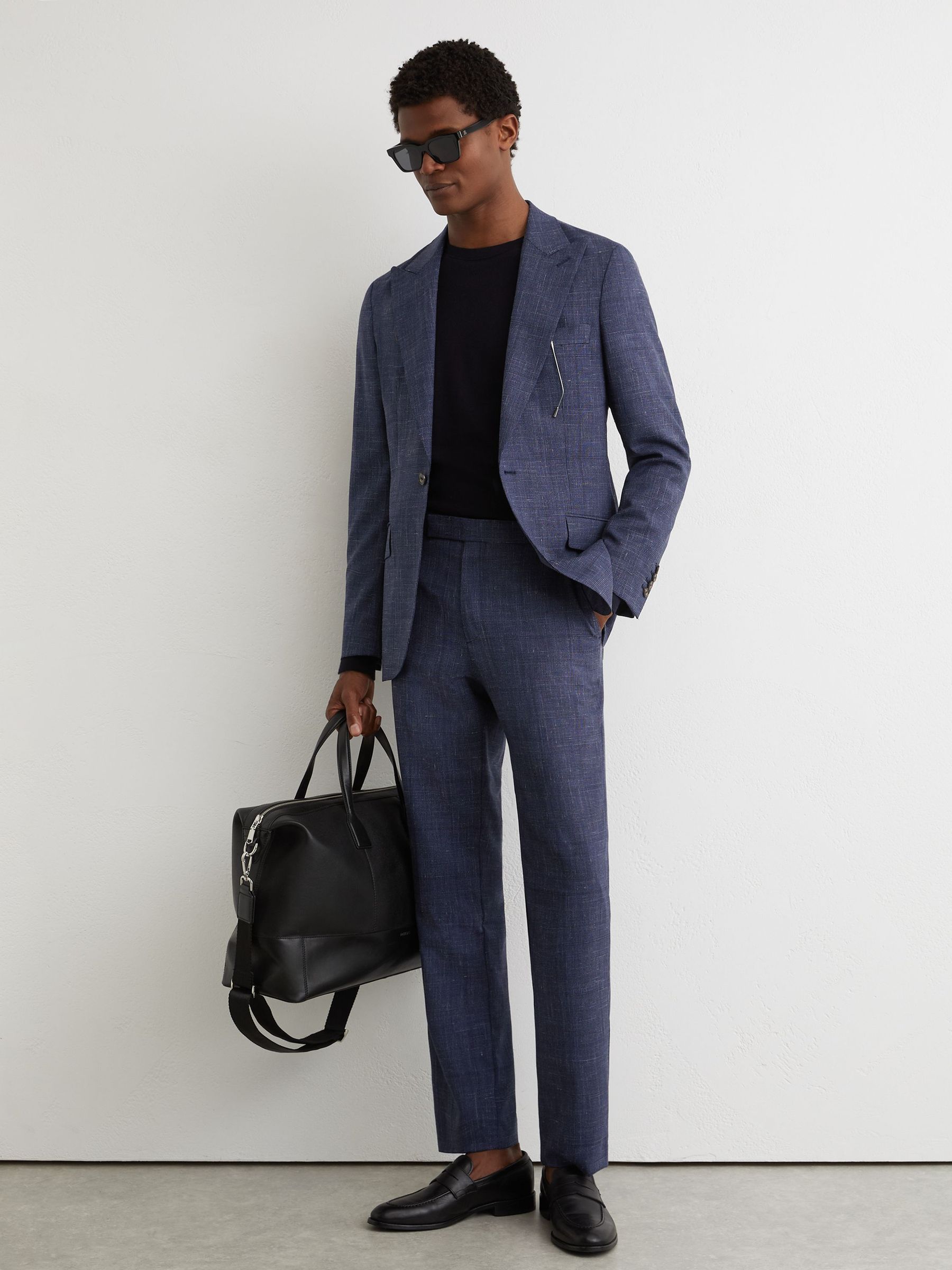 Wool-Blend Check Classic-Fit Suit Trousers in Navy - Image 1 of 7
