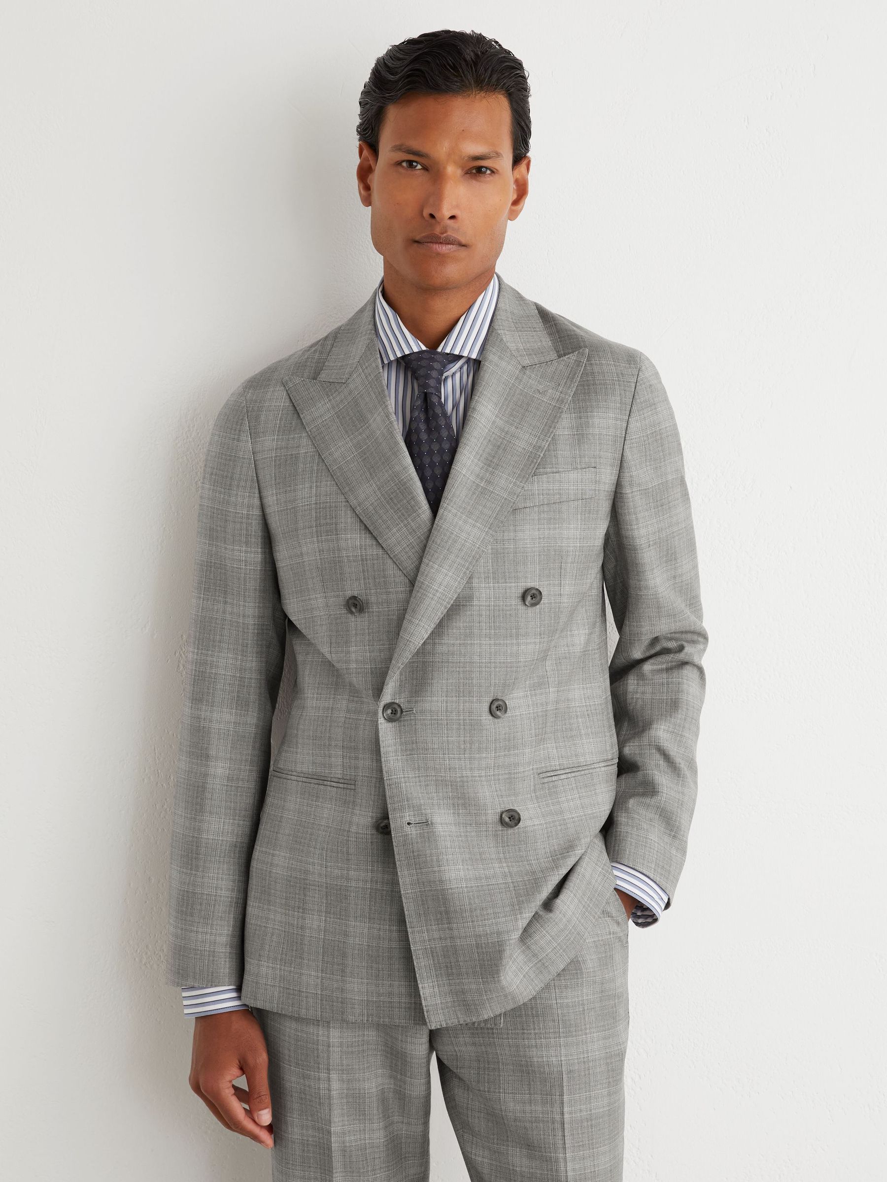 Wool Check Double-Breasted Suit Blazer Classic-Fit in Light Grey - Image 1 of 8