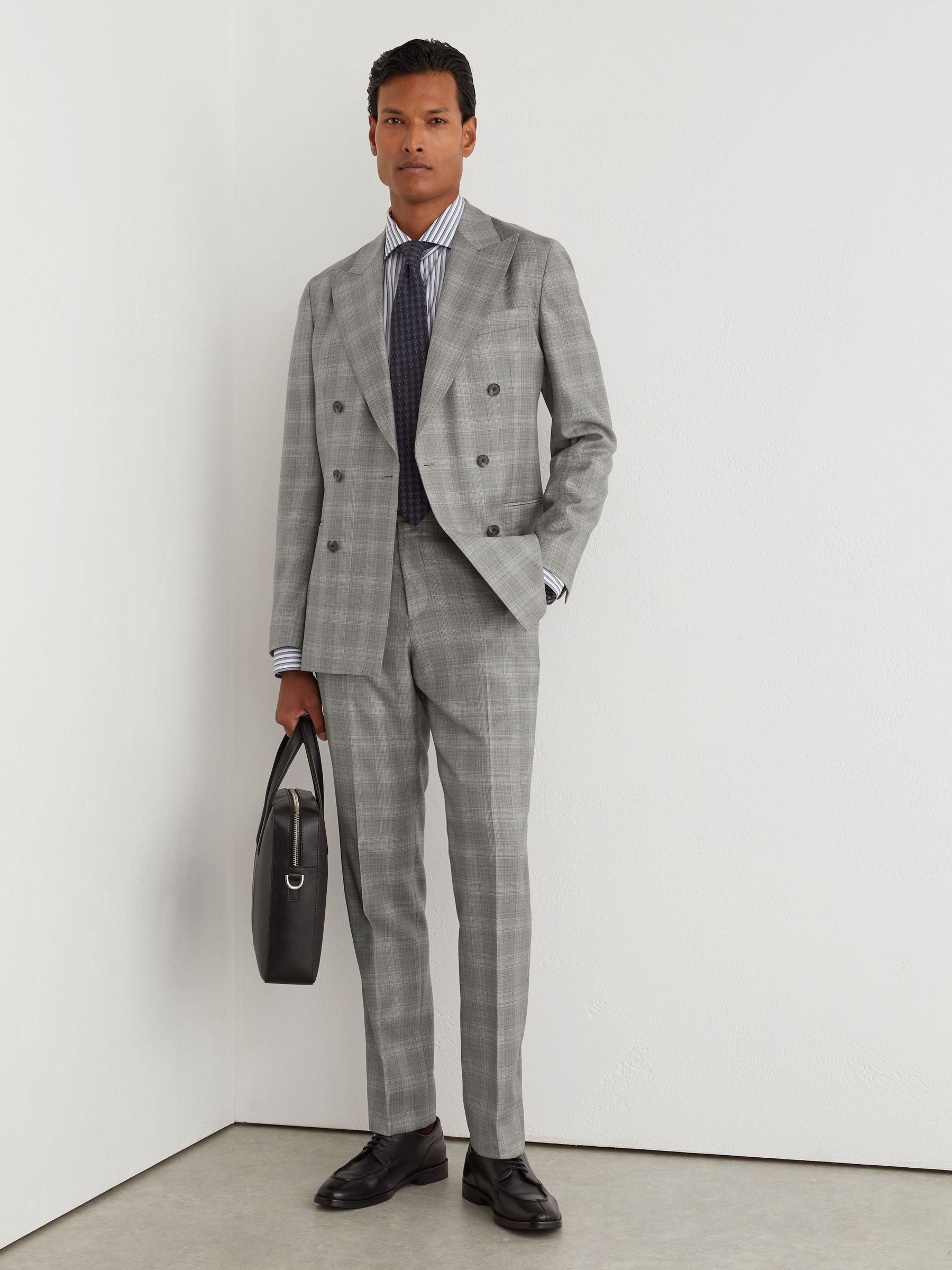 Wool Check Double-Breasted Suit Blazer Classic-Fit in Light Grey - Image 4 of 8