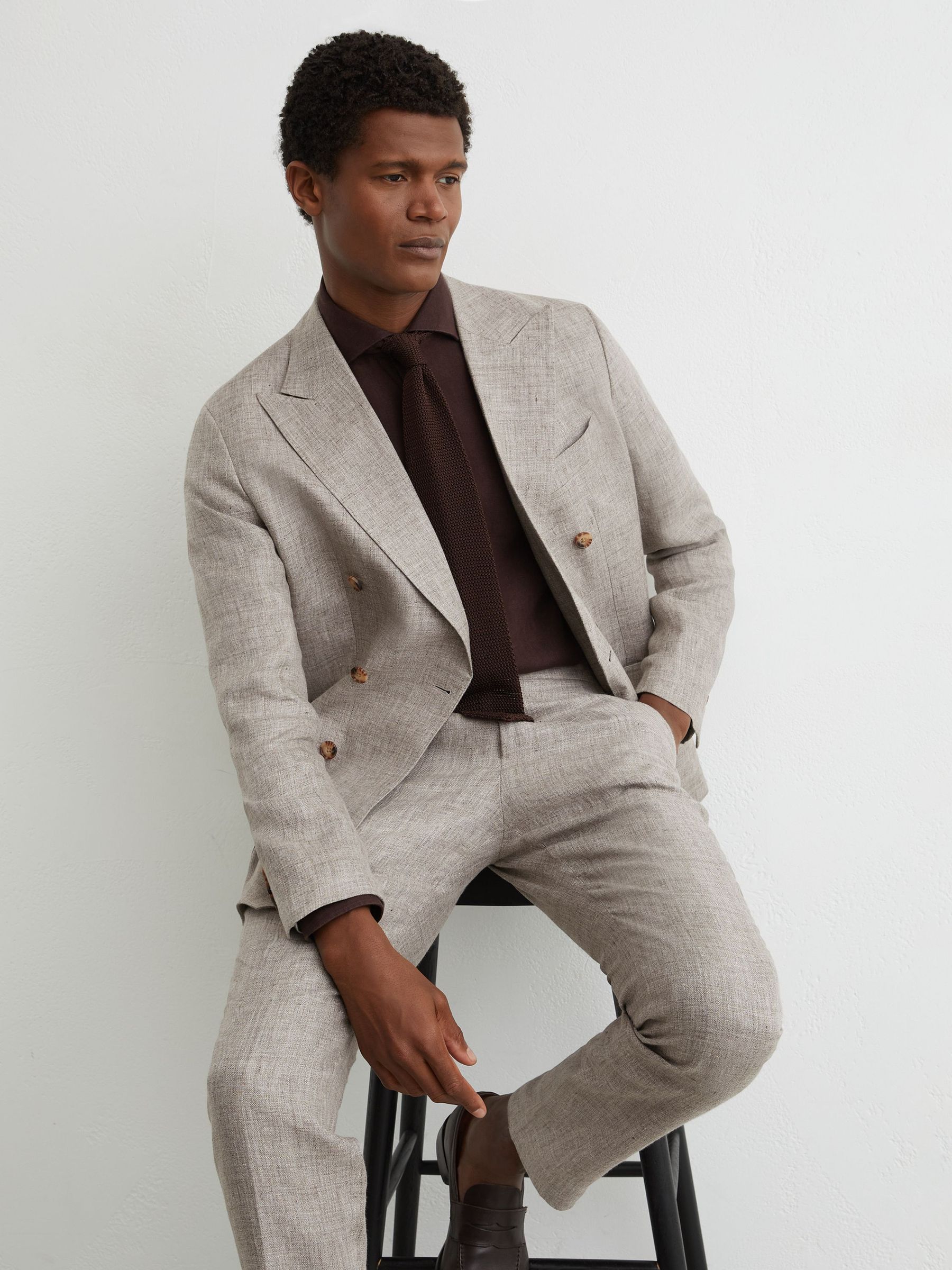 Tailored Fit Linen Double-Breasted Suit Blazer in Taupe Brown - Image 1 of 8