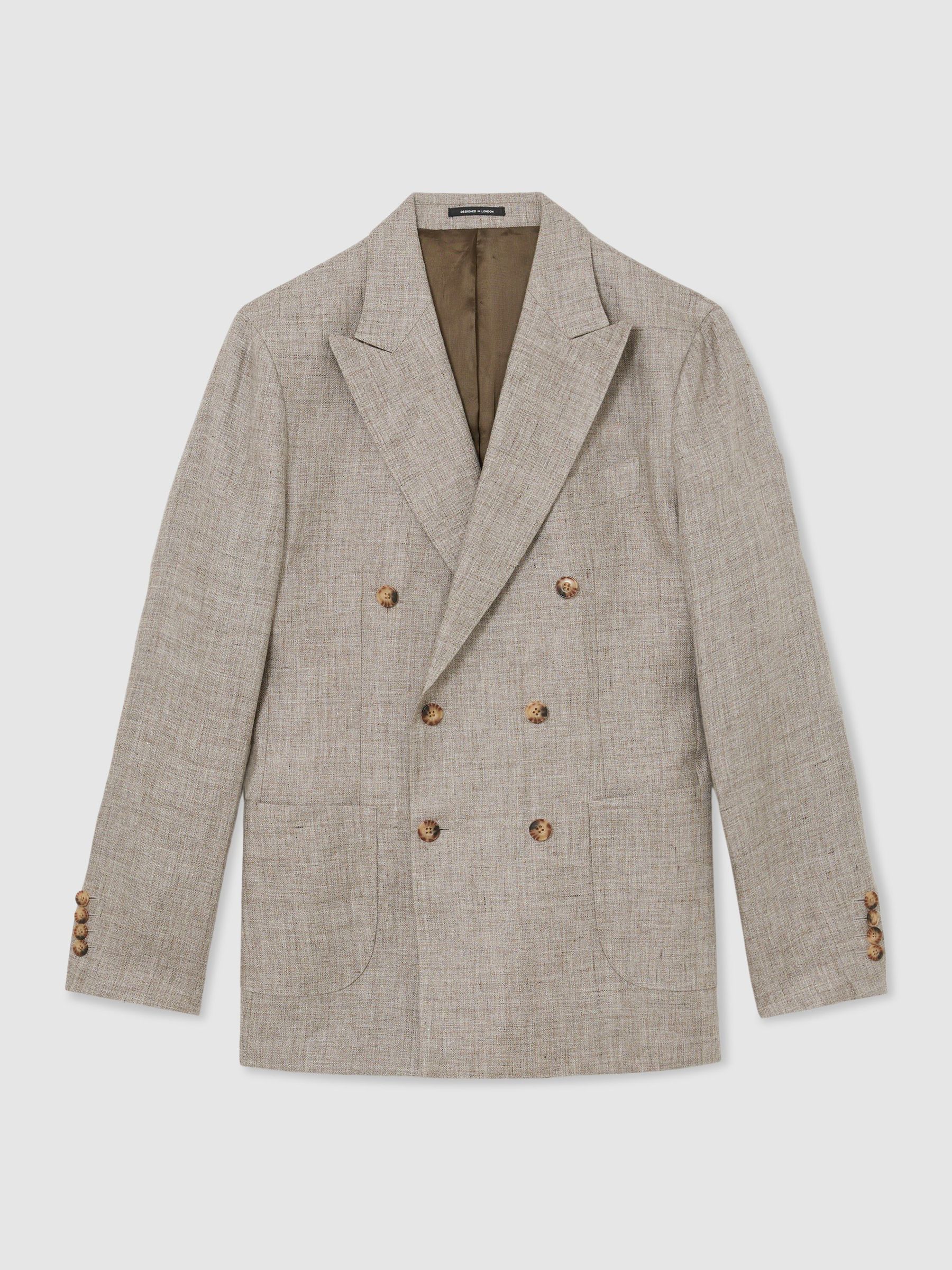 Tailored Fit Linen Double-Breasted Suit Blazer in Taupe Brown - Image 2 of 8