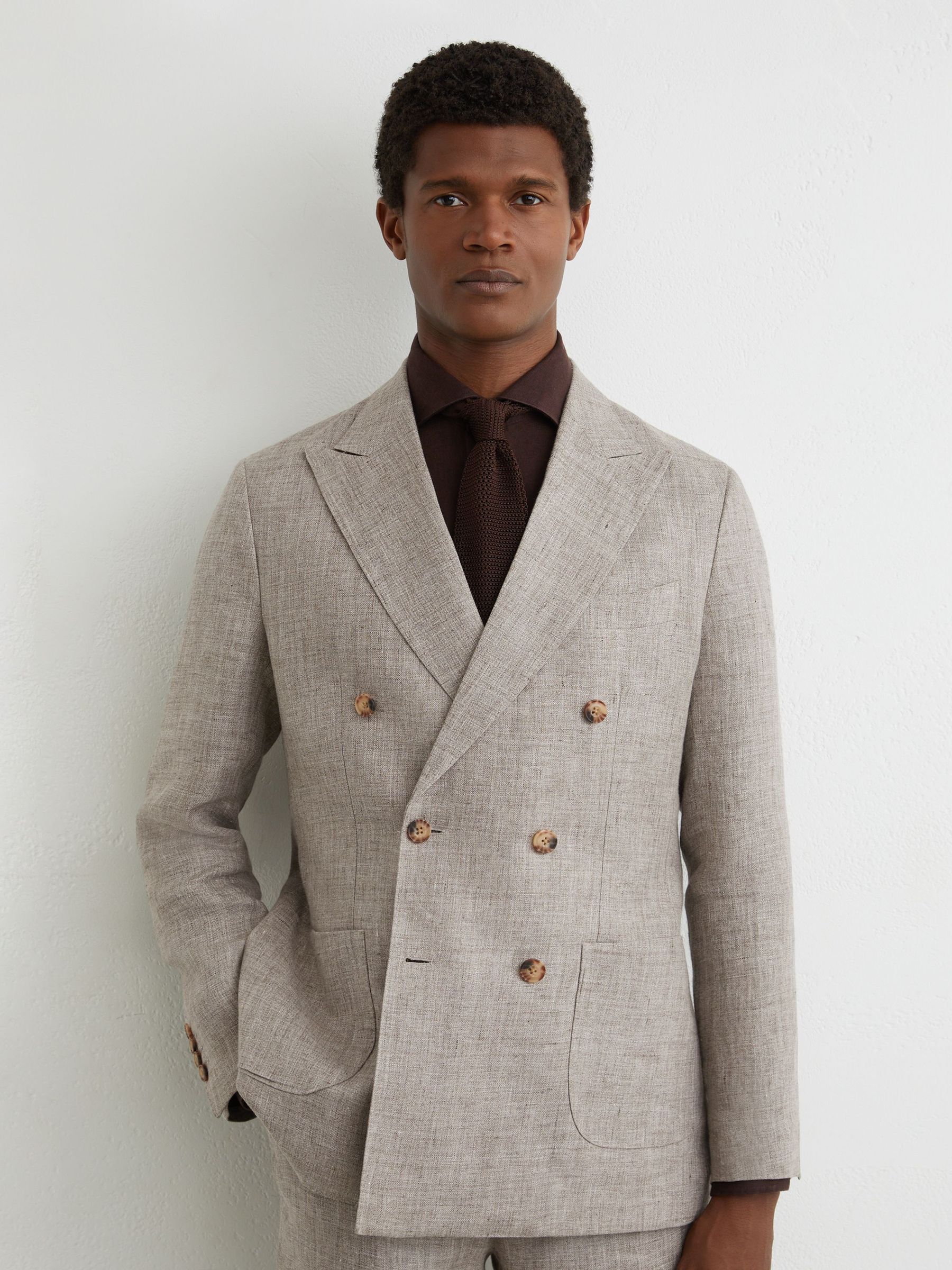 Tailored Fit Linen Double-Breasted Suit Blazer in Taupe Brown - Image 3 of 8