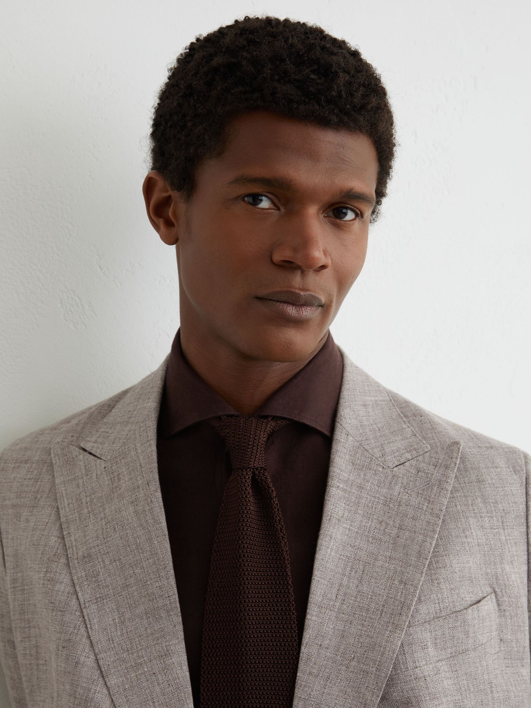 Tailored Fit Linen Double-Breasted Suit Blazer in Taupe Brown - Image 4 of 8