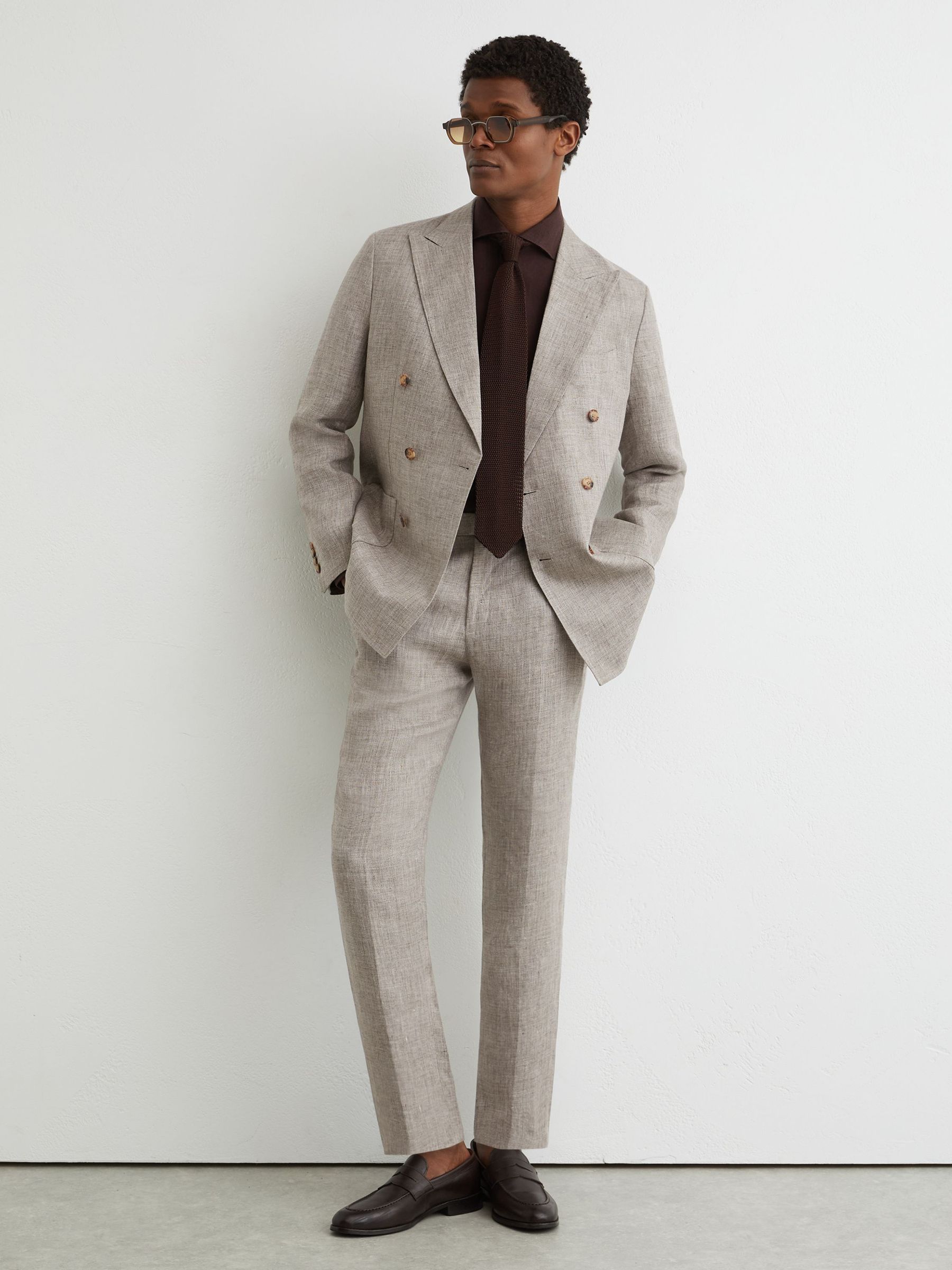 Tailored Fit Linen Double-Breasted Suit Blazer in Taupe Brown - Image 5 of 8