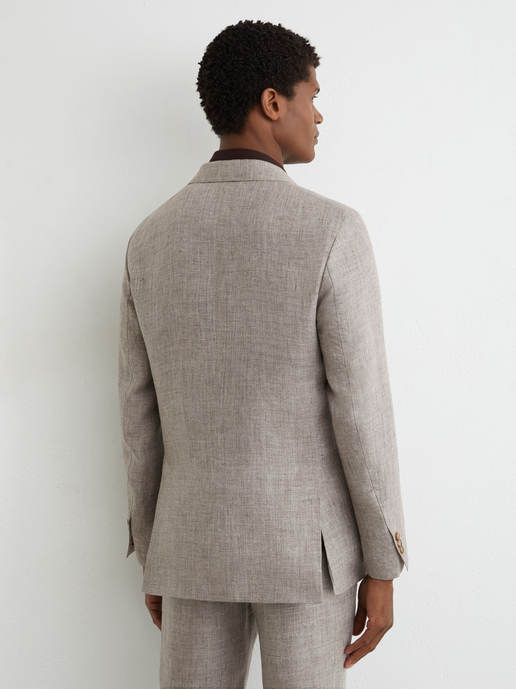 Tailored Fit Linen Double-Breasted Suit Blazer in Taupe Brown - Image 6 of 8