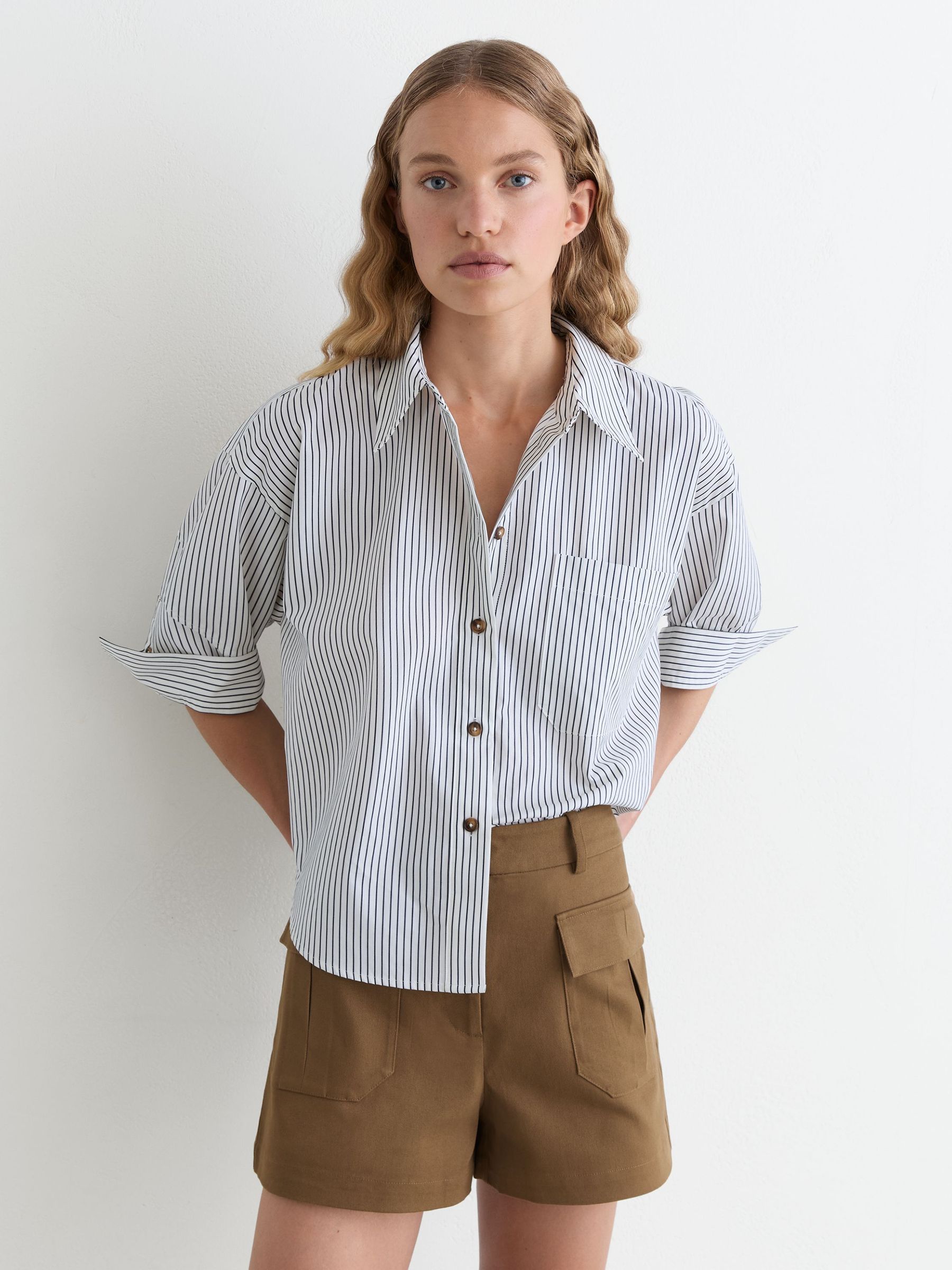 Cotton Twill Flap-Pocket Shorts with Stretch in Taupe Neutral - Image 1 of 7