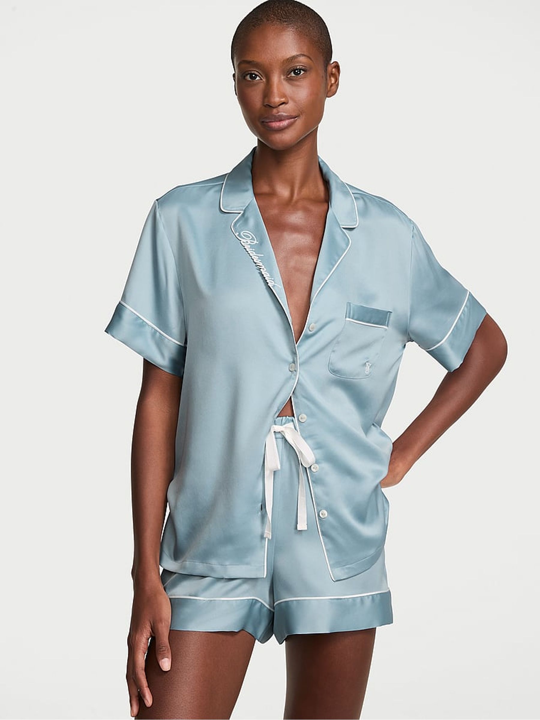 Hope Grey Bridesmaid Satin Short Pyjamas Set - Image 1 of 3