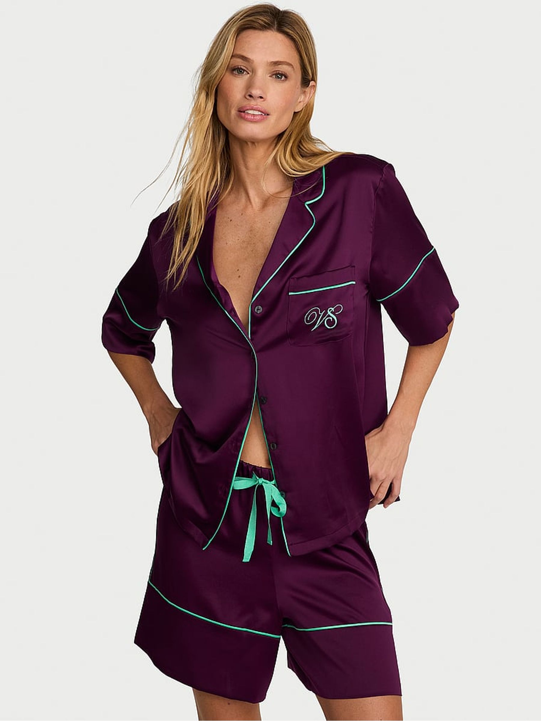 Party On Purple Satin Short Pyjamas Set - Image 1 of 3 Party On Purple Satin Short Pyjamas Set - Image 1 of 3
