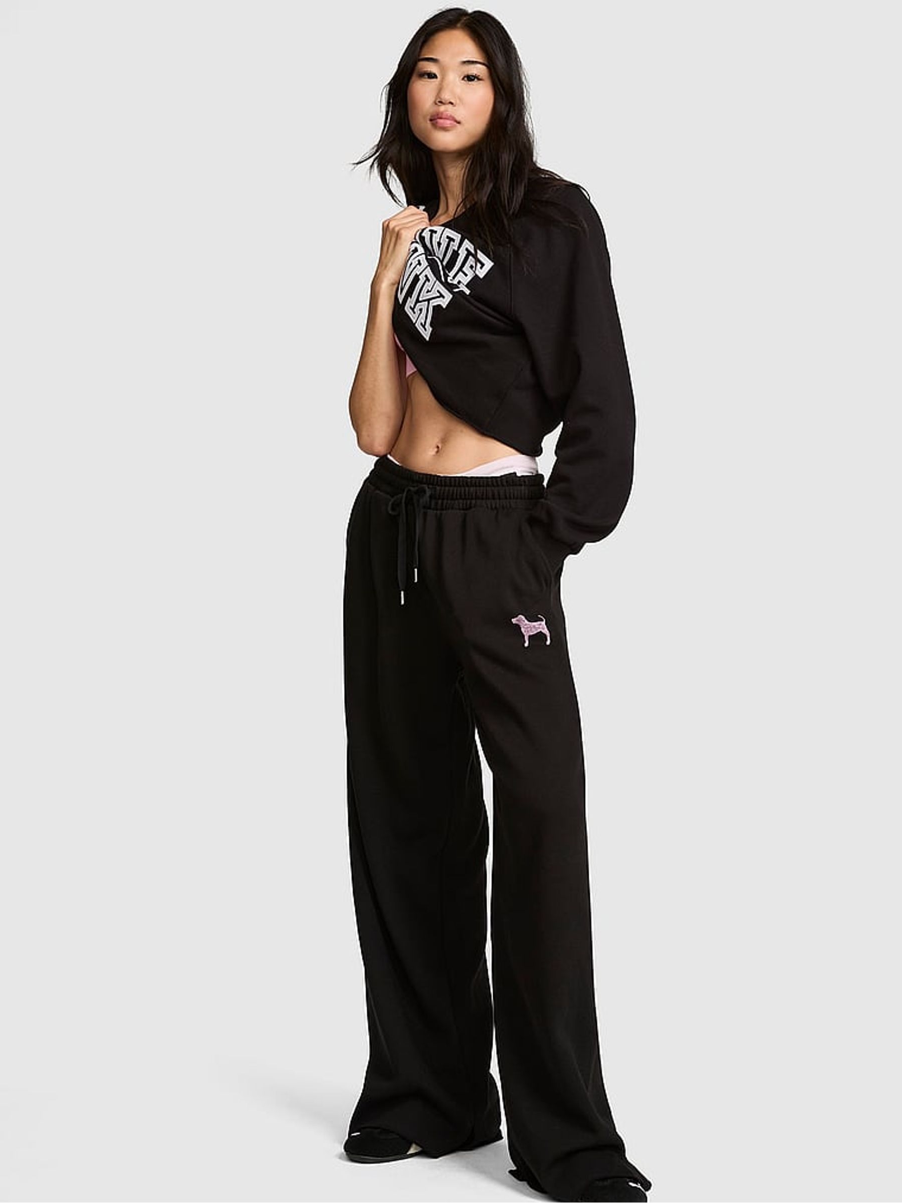 Black/Pink Wide Leg Fleece Joggers - Image 1 of 2