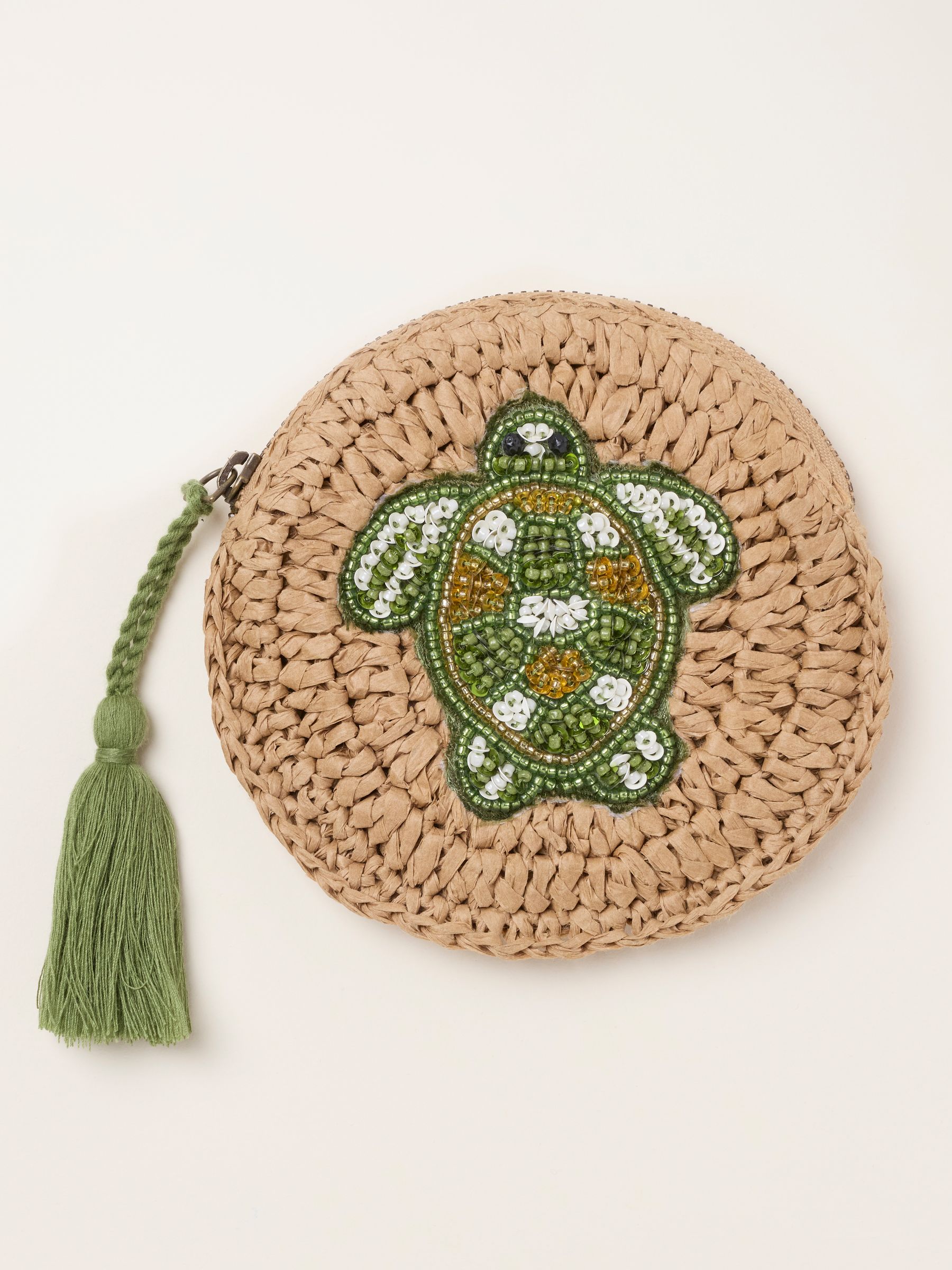 Natural Turtle Beaded Raffia Pouch - Image 1 of 3 Natural Turtle Beaded Raffia Pouch - Image 1 of 3