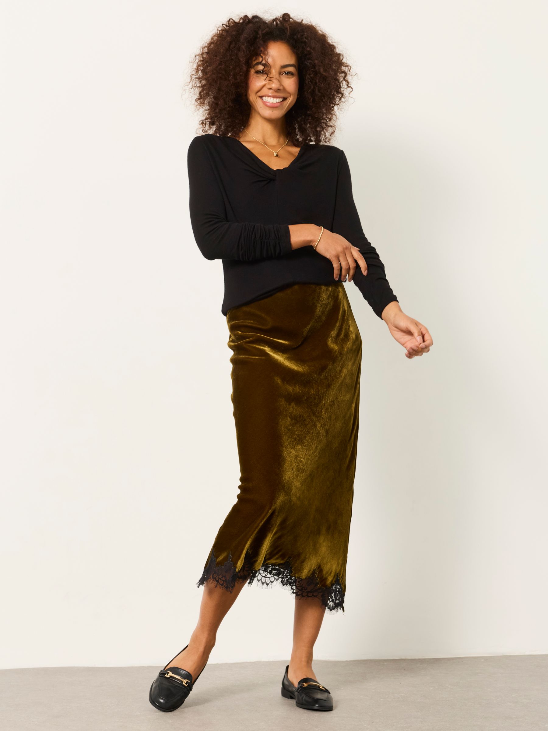 Esme Olive Green Velvet Midi Skirt - Image 1 of 6