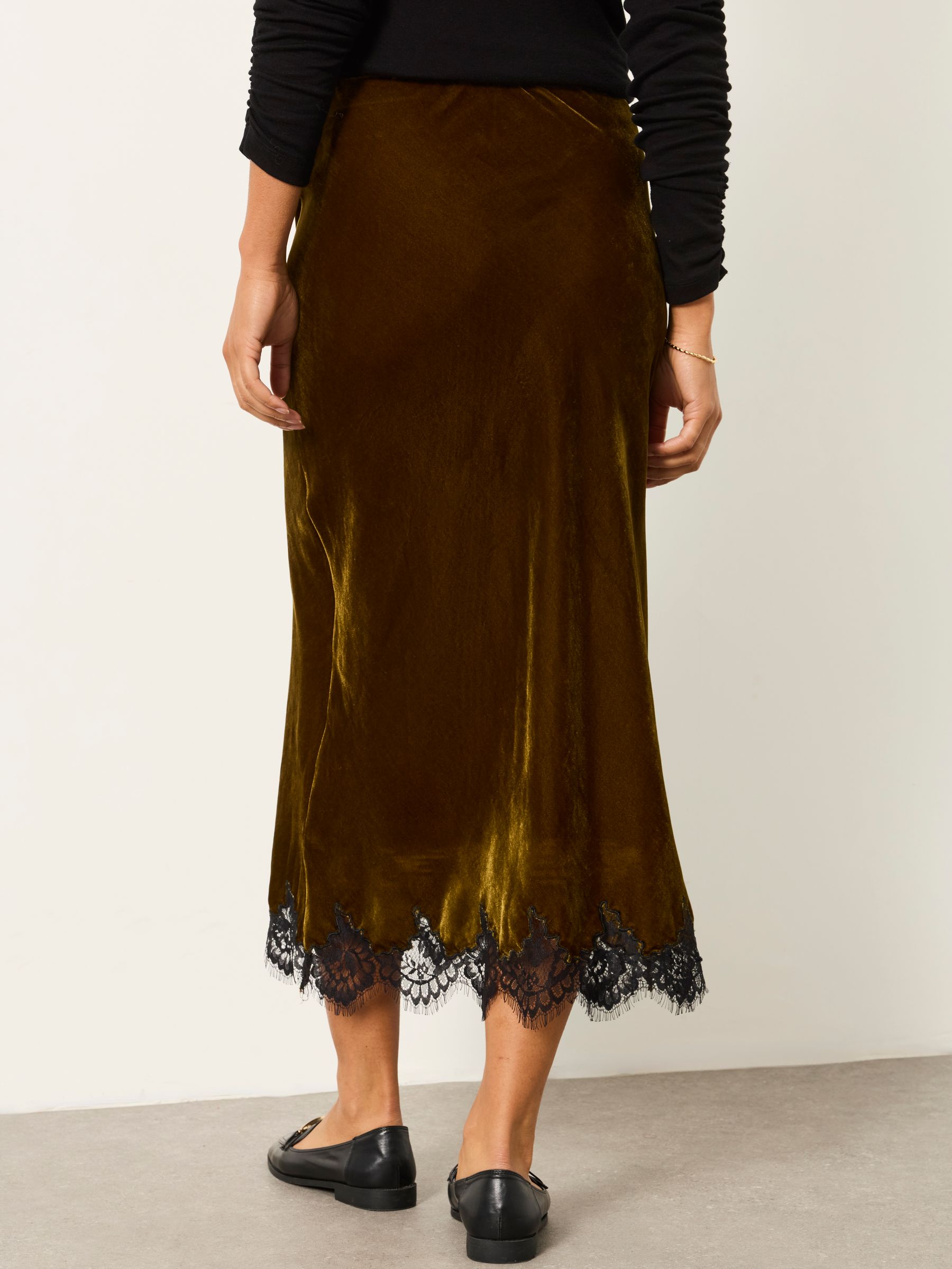 Esme Olive Green Velvet Midi Skirt - Image 2 of 6