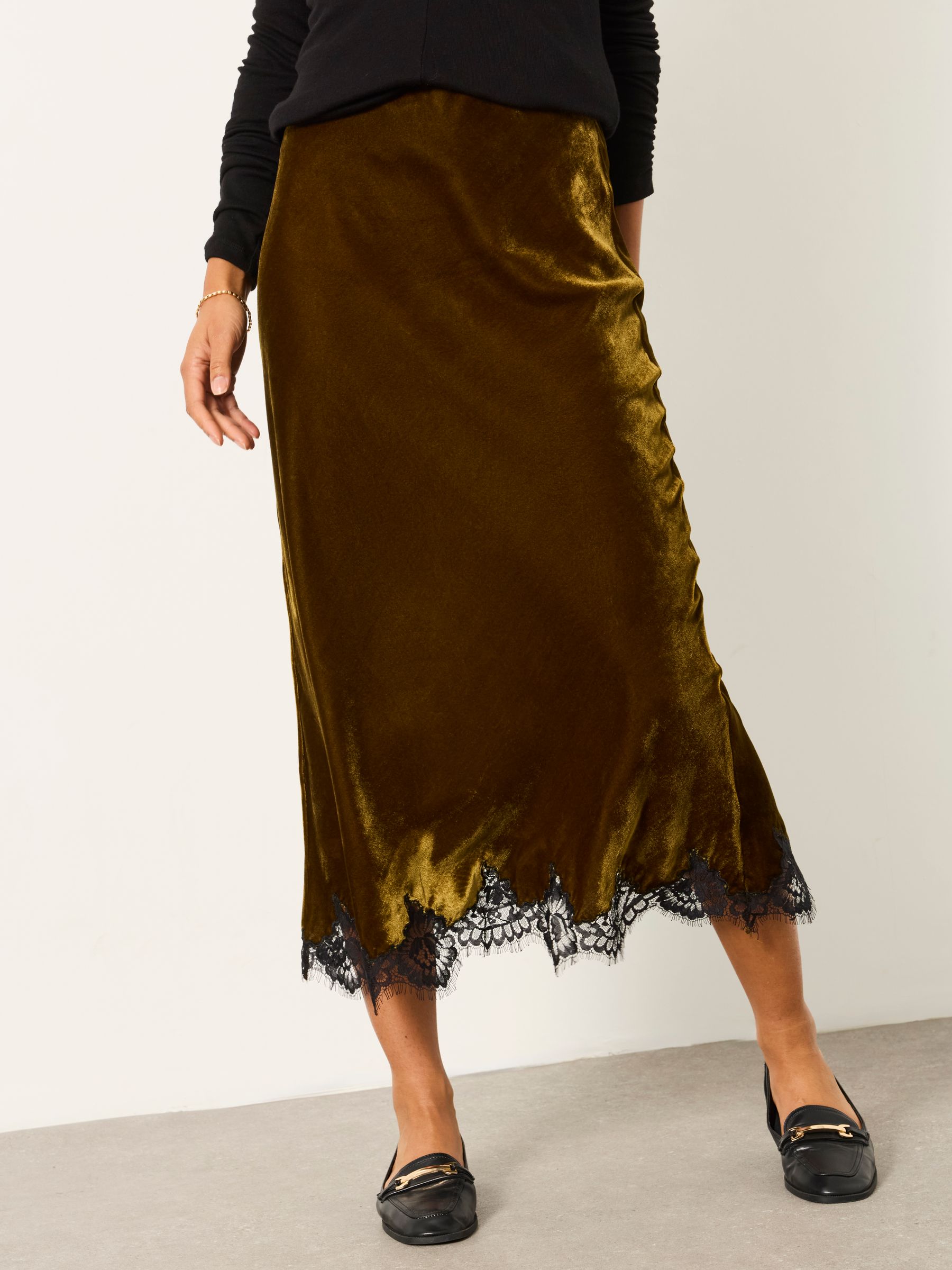Esme Olive Green Velvet Midi Skirt - Image 3 of 6