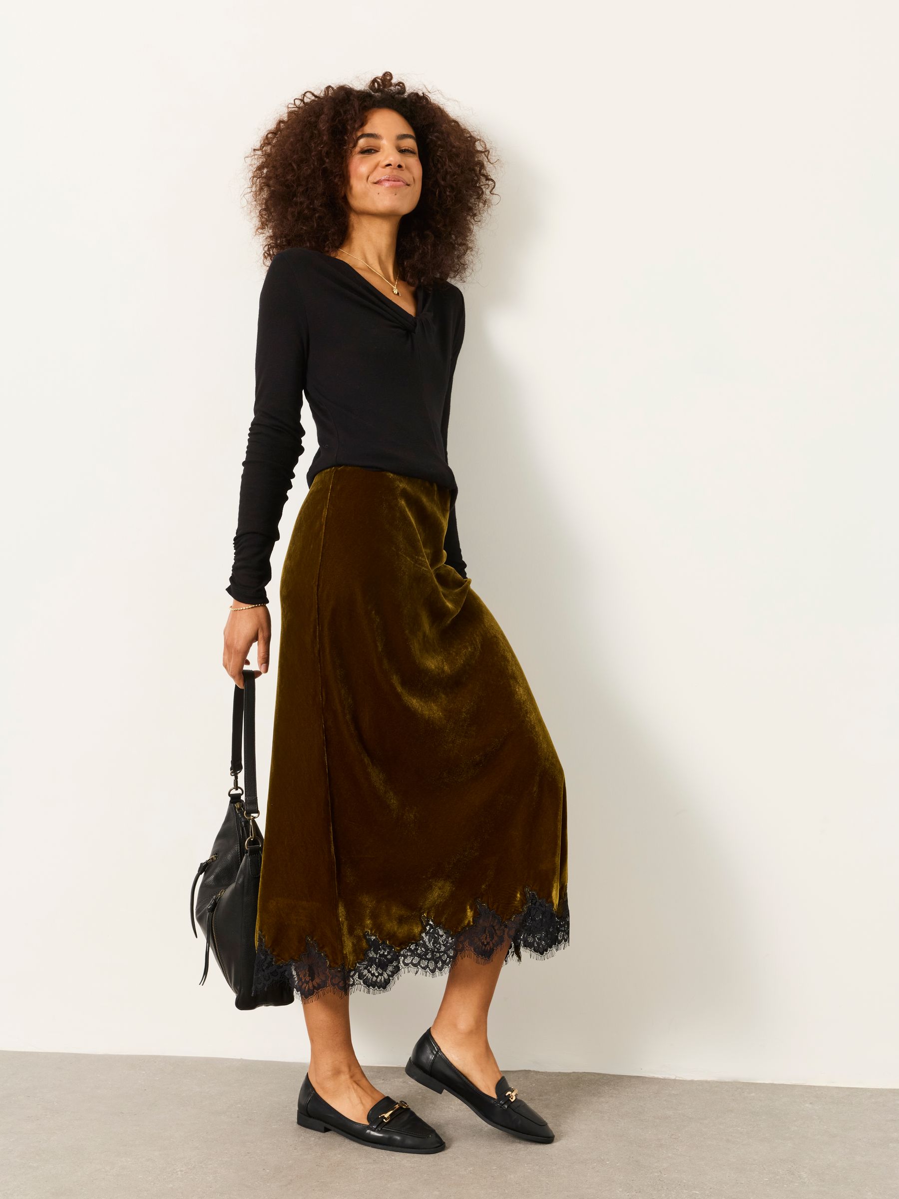 Esme Olive Green Velvet Midi Skirt - Image 5 of 6