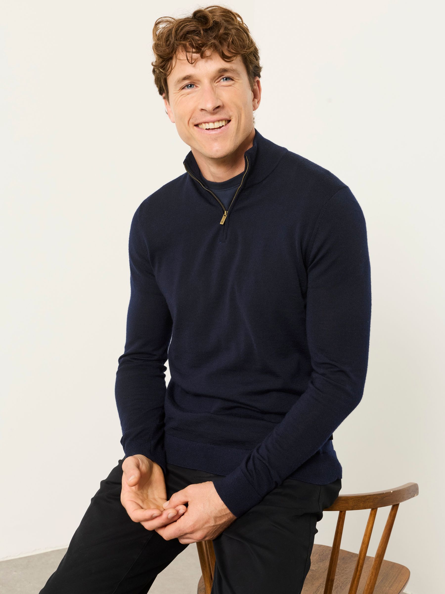 Malton Navy 100% Merino Wool Quarter Zip Knitted Jumper - Image 1 of 6 Malton Navy 100% Merino Wool Quarter Zip Knitted Jumper - Image 1 of 6