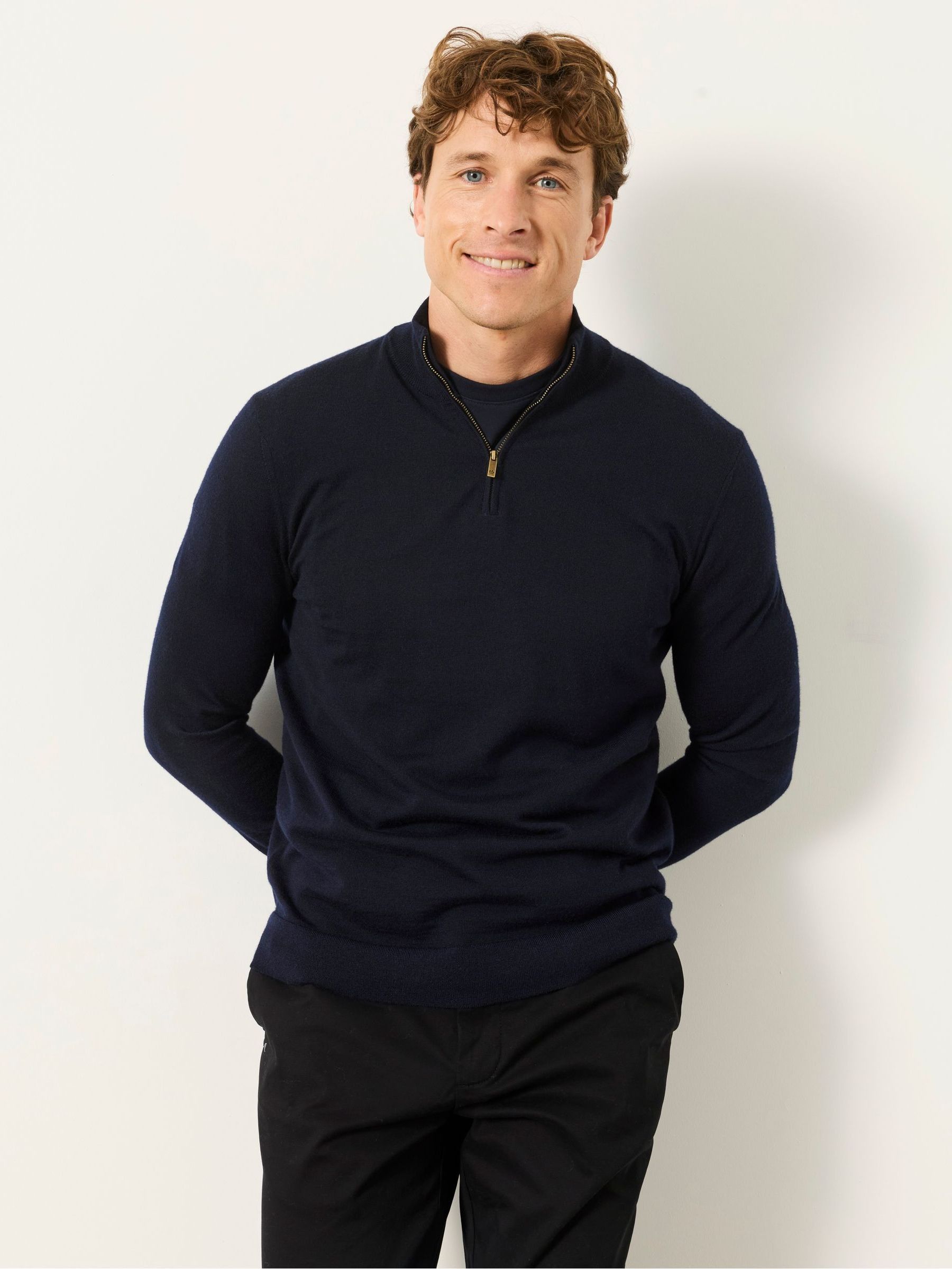 Malton Navy 100% Merino Wool Quarter Zip Knitted Jumper - Image 4 of 6