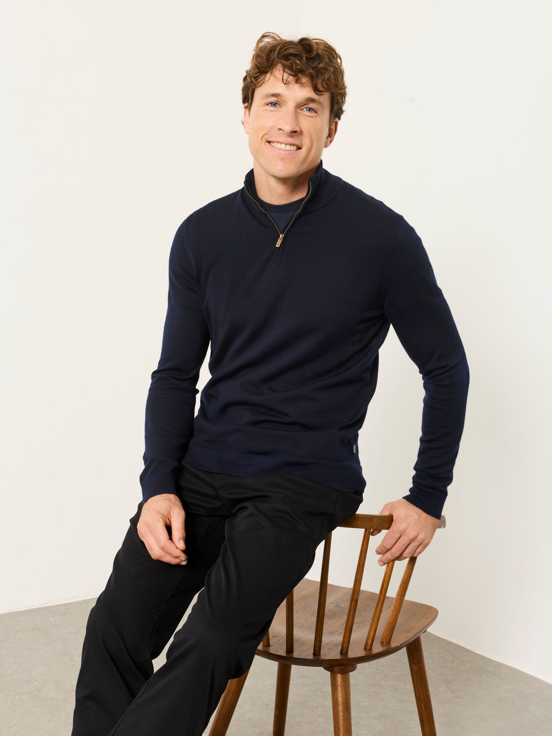 Malton Navy 100% Merino Wool Quarter Zip Knitted Jumper - Image 5 of 6