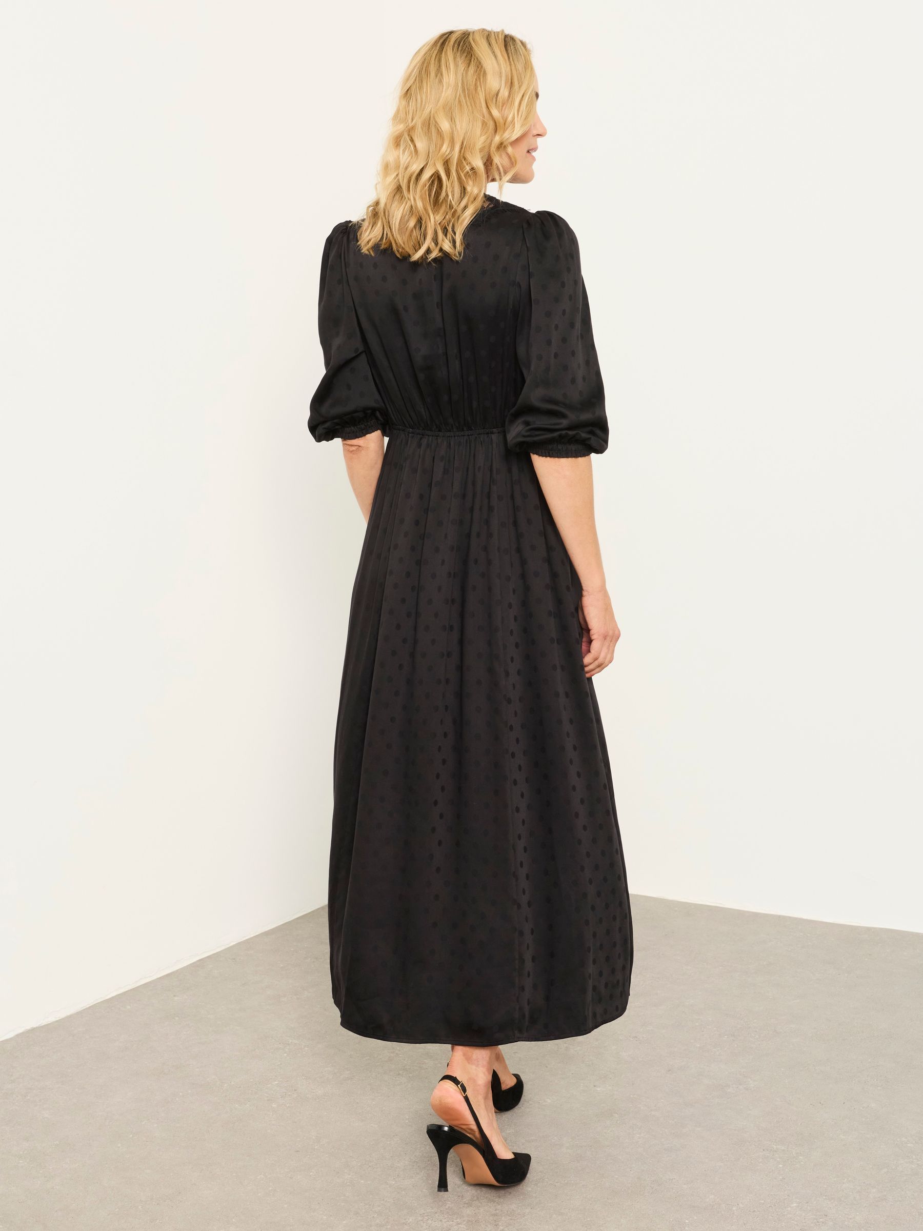 Libby Black Polka Dot Lace Trim Satin Midi Dress - Image 2 of 5