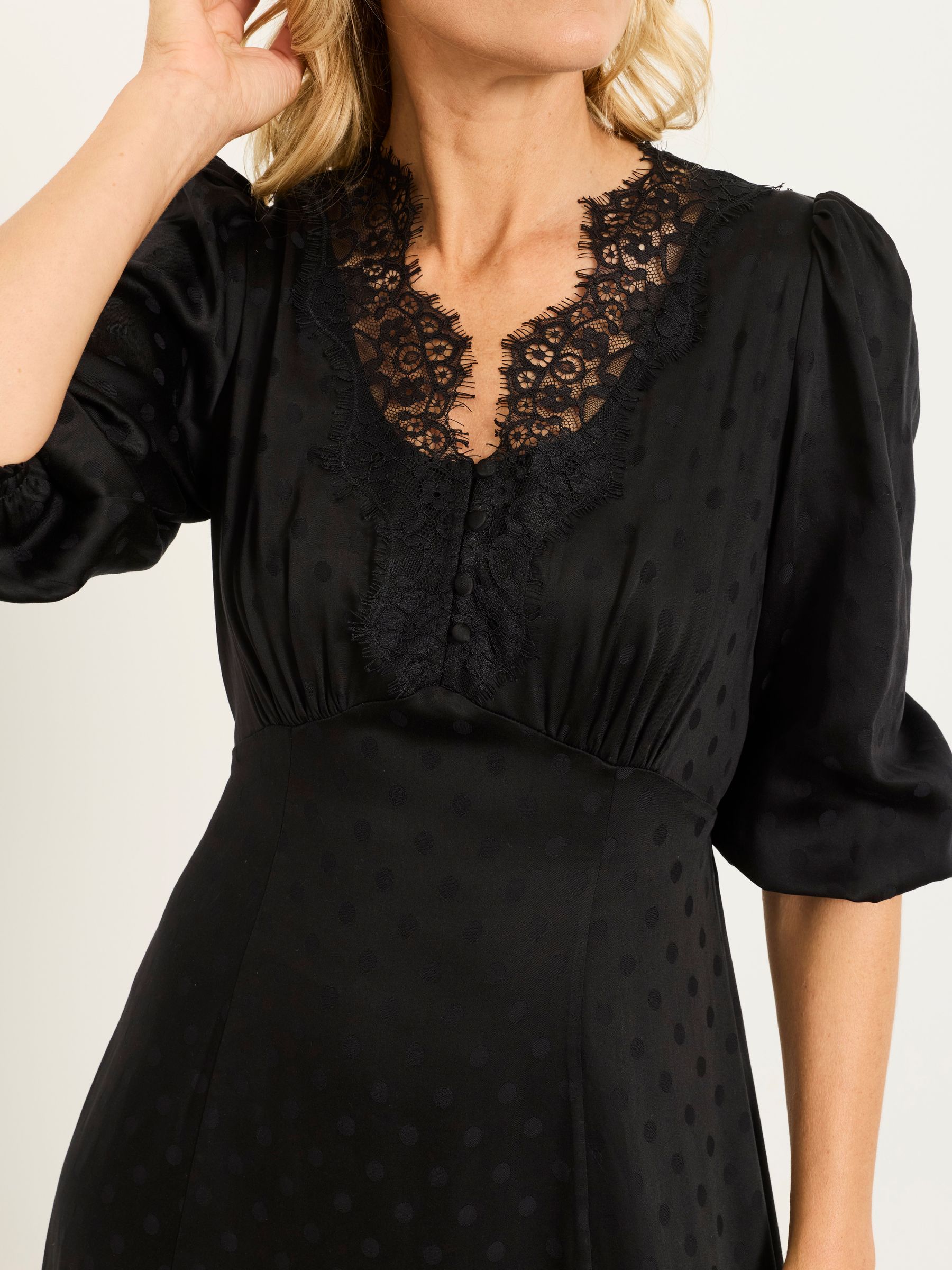 Libby Black Polka Dot Lace Trim Satin Midi Dress - Image 3 of 5