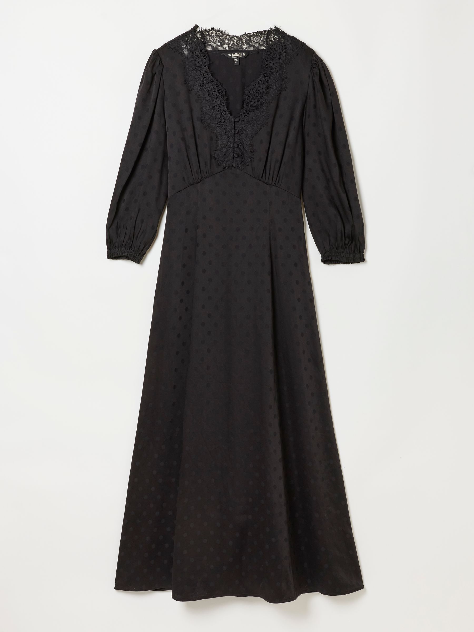 Libby Black Polka Dot Lace Trim Satin Midi Dress - Image 5 of 5