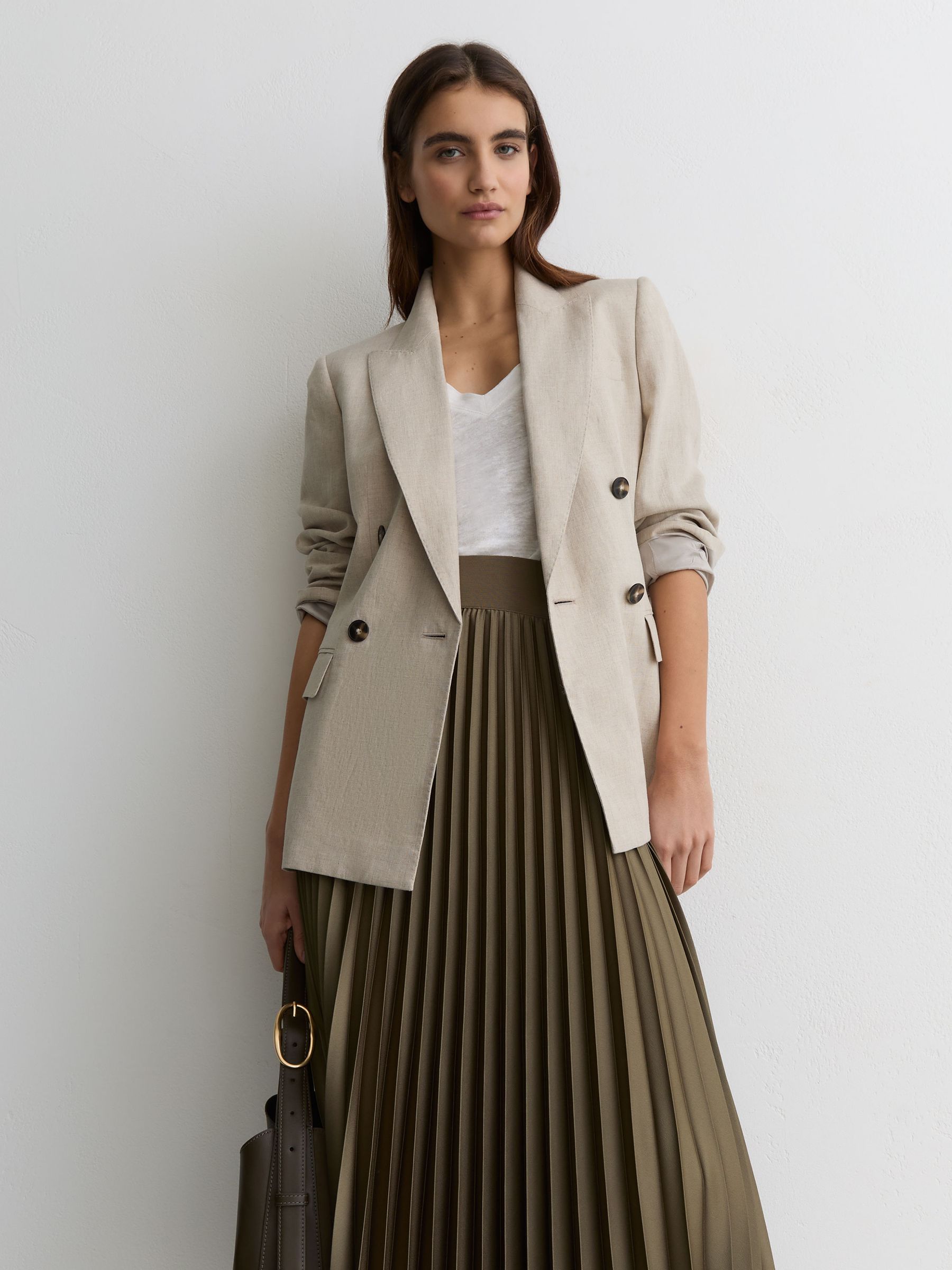 Pleated Midi Skirt in Khaki Green - Image 1 of 9