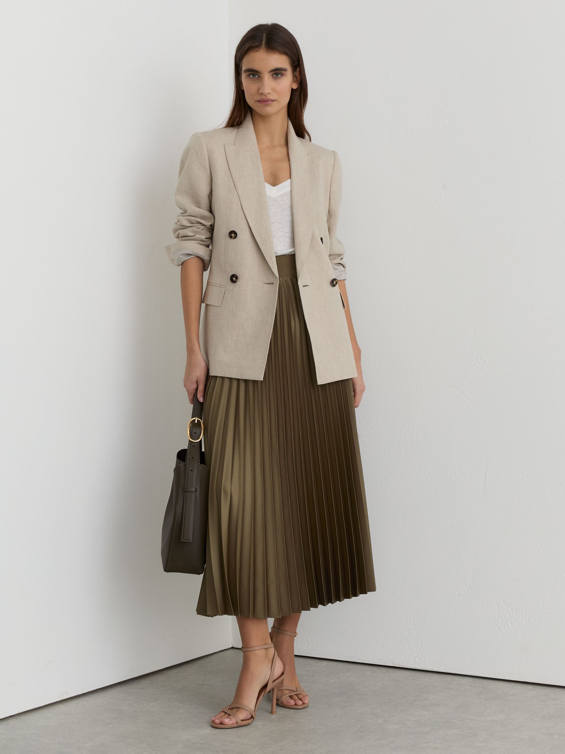 Pleated Midi Skirt in Khaki Green - Image 3 of 9