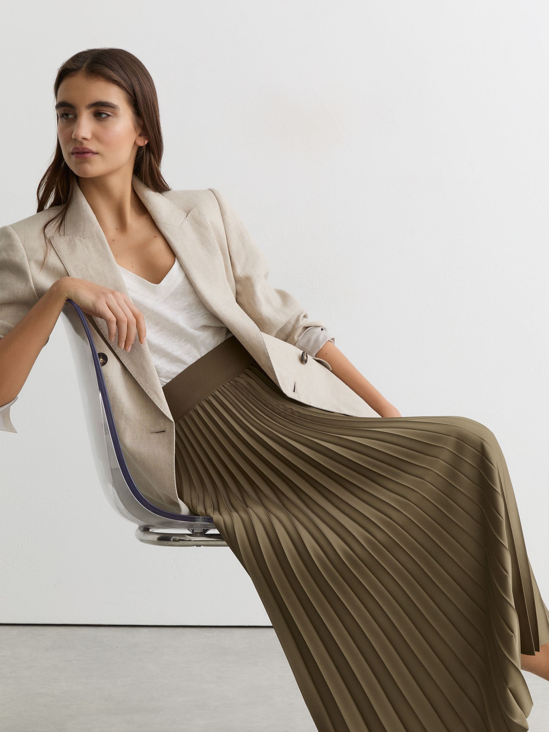 Pleated Midi Skirt in Khaki Green - Image 7 of 9