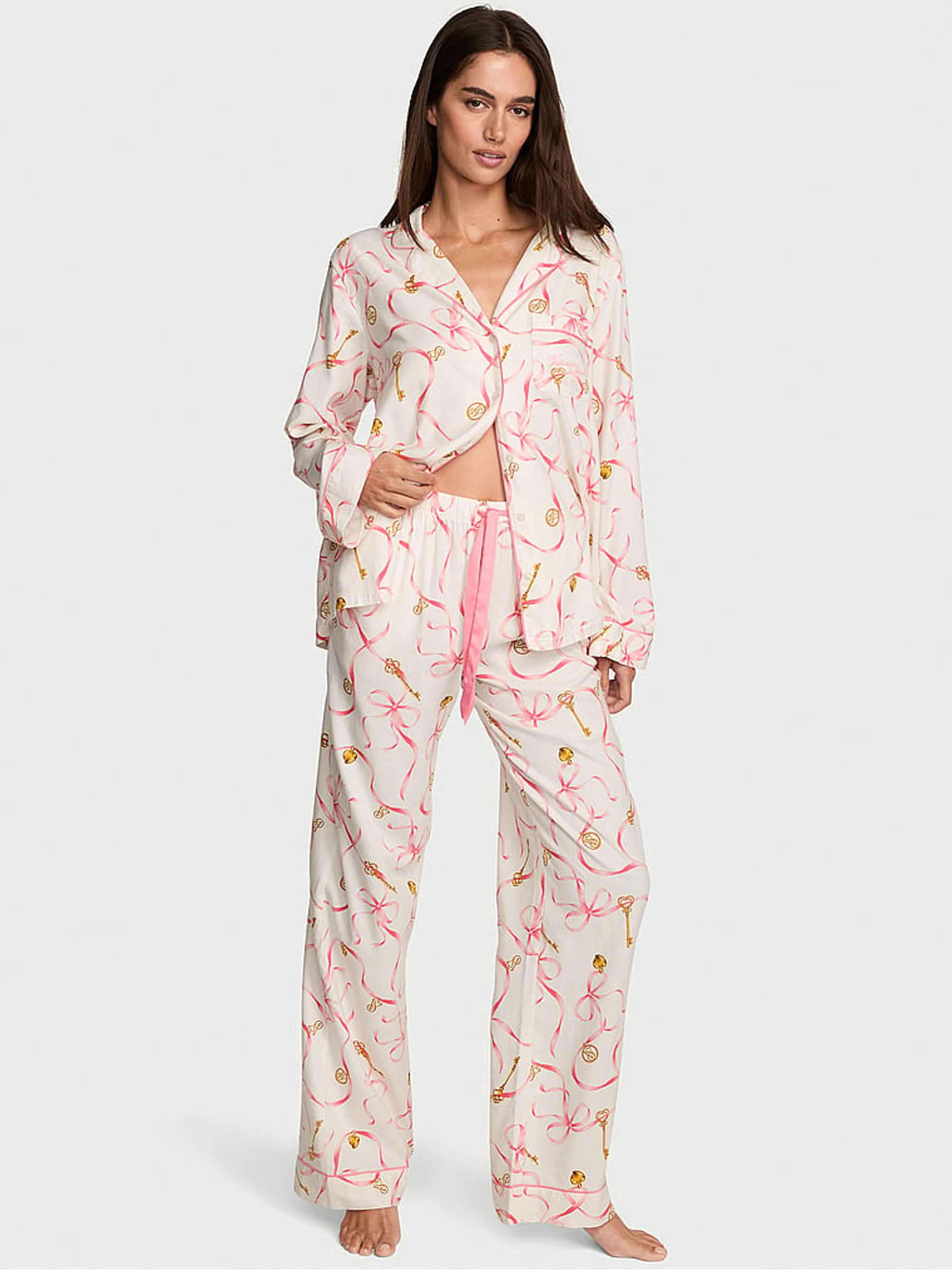 White Bow & Key Flannel Long Pyjama Set - Image 1 of 2