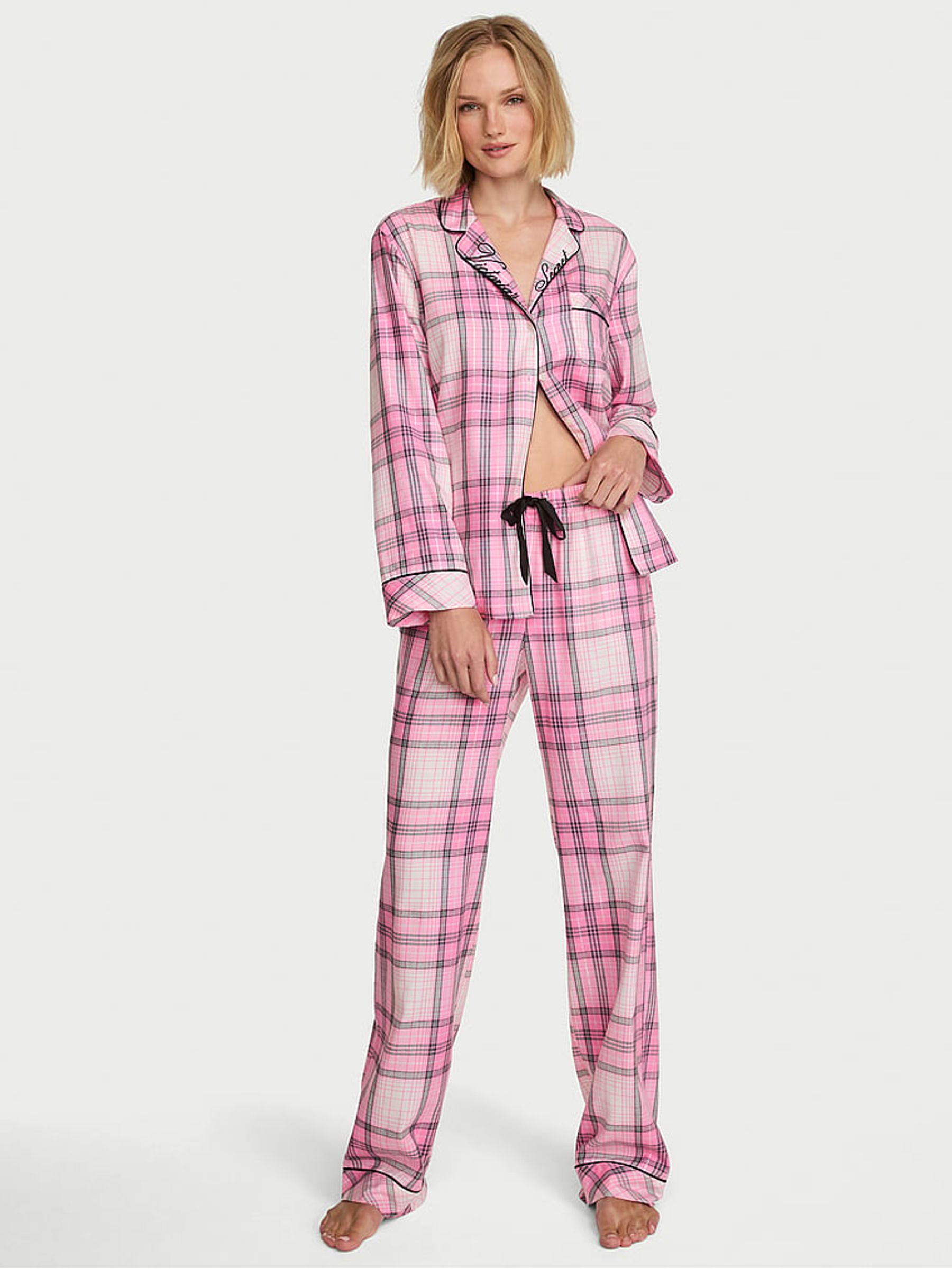 Pretty Blossom Pink Tartan Flannel Long Pyjama Set - Image 1 of 2
