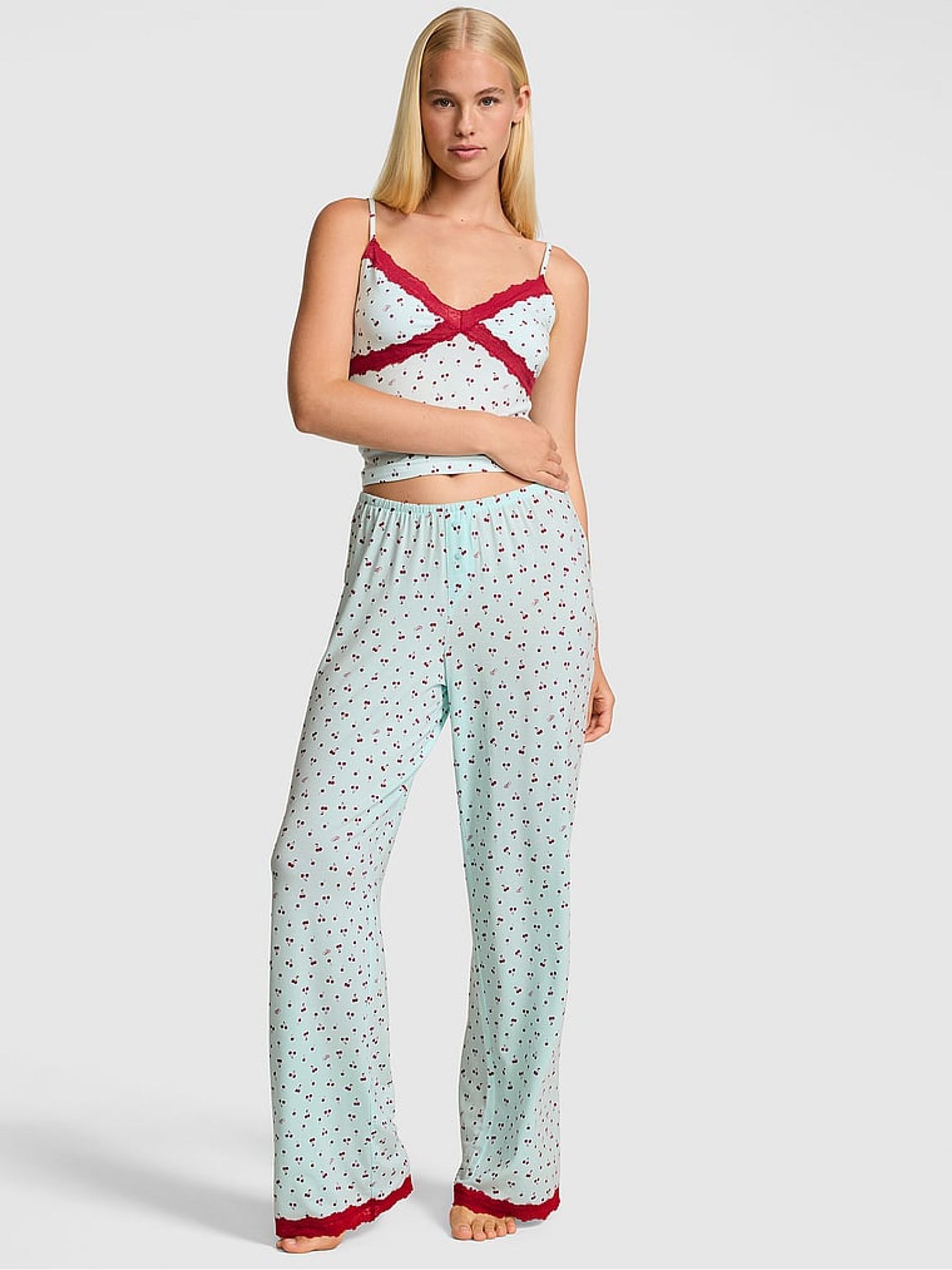 Spray Blue Cherries Print Long Modal Lace Trim Pyjama Set - Image 1 of 2