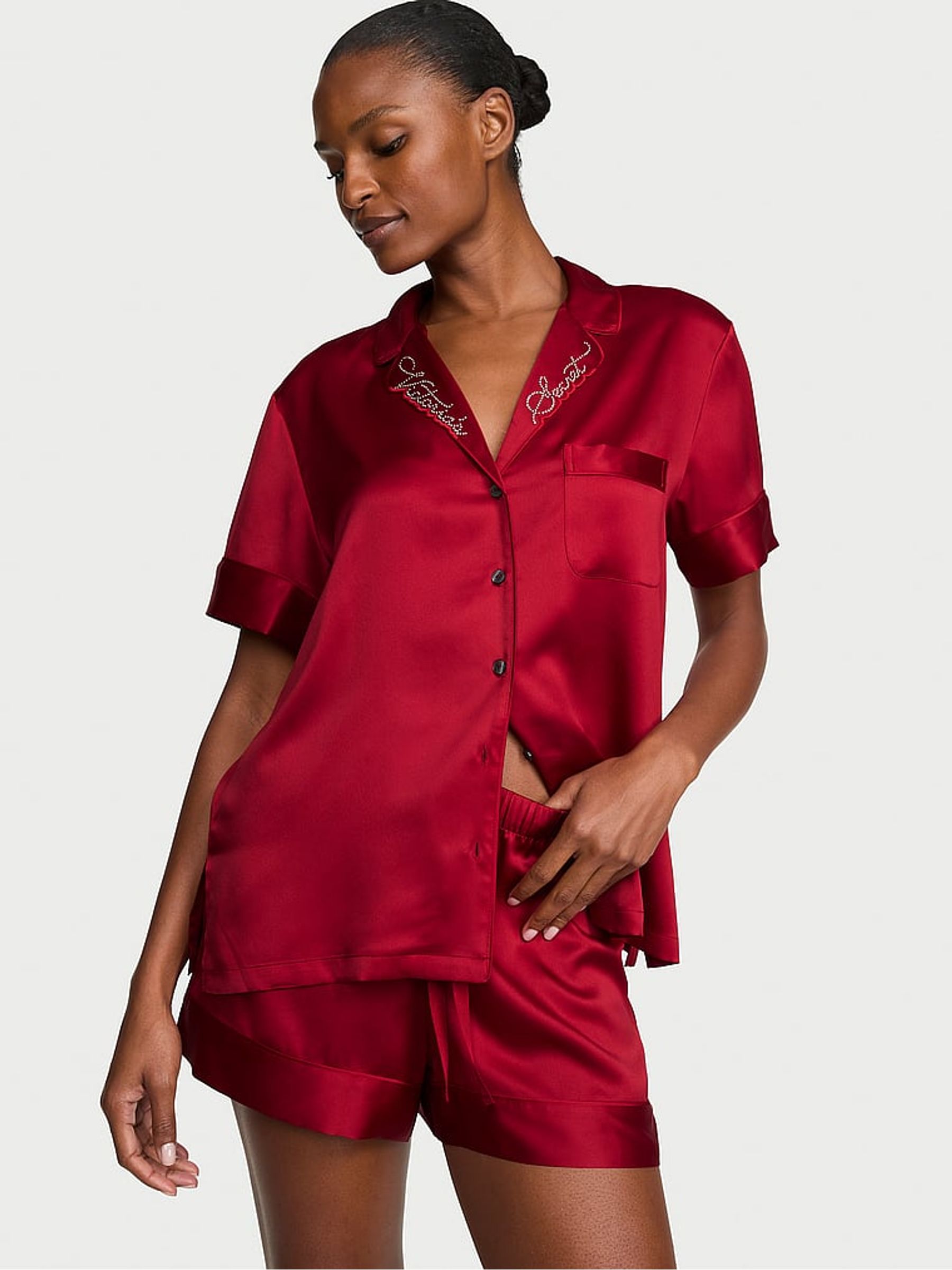 Red Lacquer Shine Satin Short Pyjamas Set - Image 1 of 3 Red Lacquer Shine Satin Short Pyjamas Set - Image 1 of 3