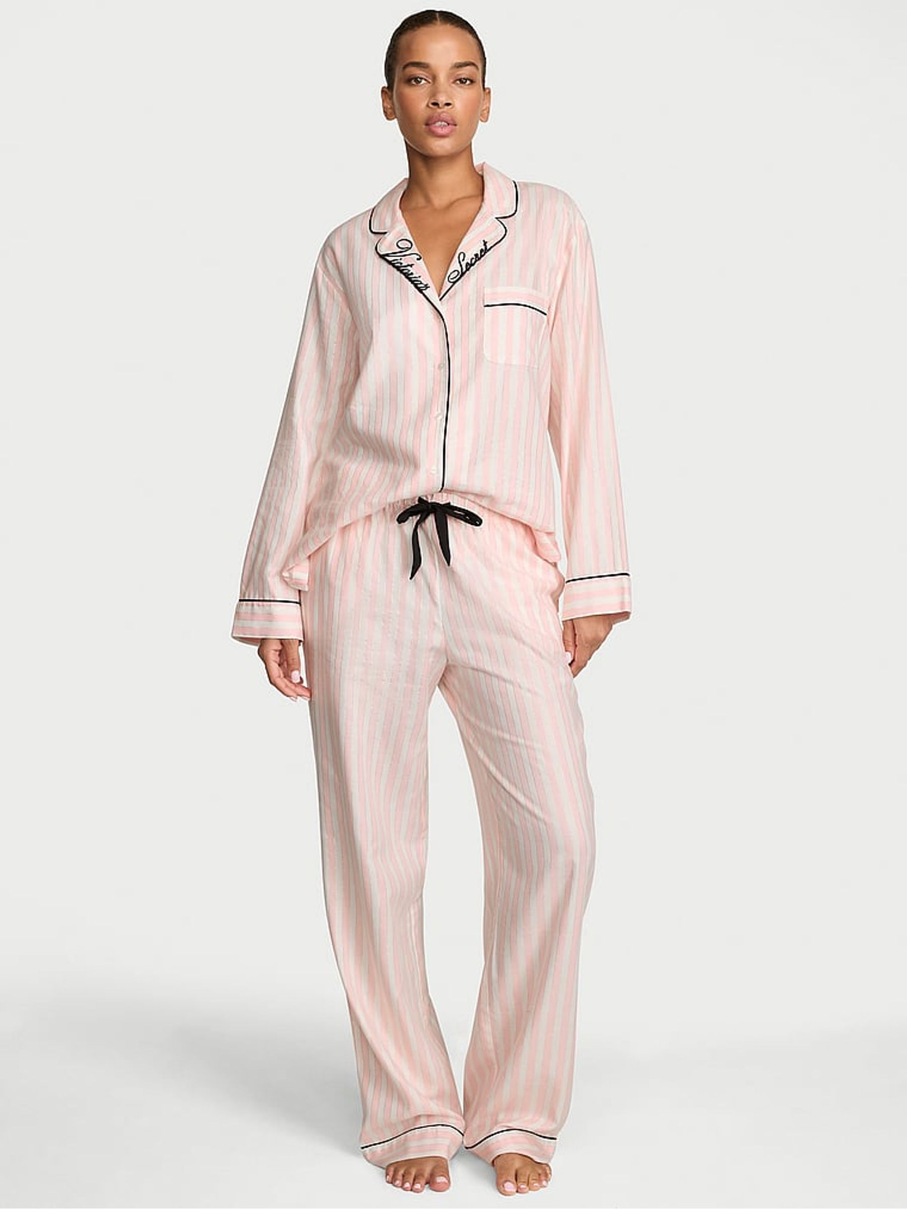 Pretty Blossom Pink Iconic Stripe Flannel Long Pyjama Set - Image 1 of 2 Pretty Blossom Pink Iconic Stripe Flannel Long Pyjama Set - Image 1 of 2