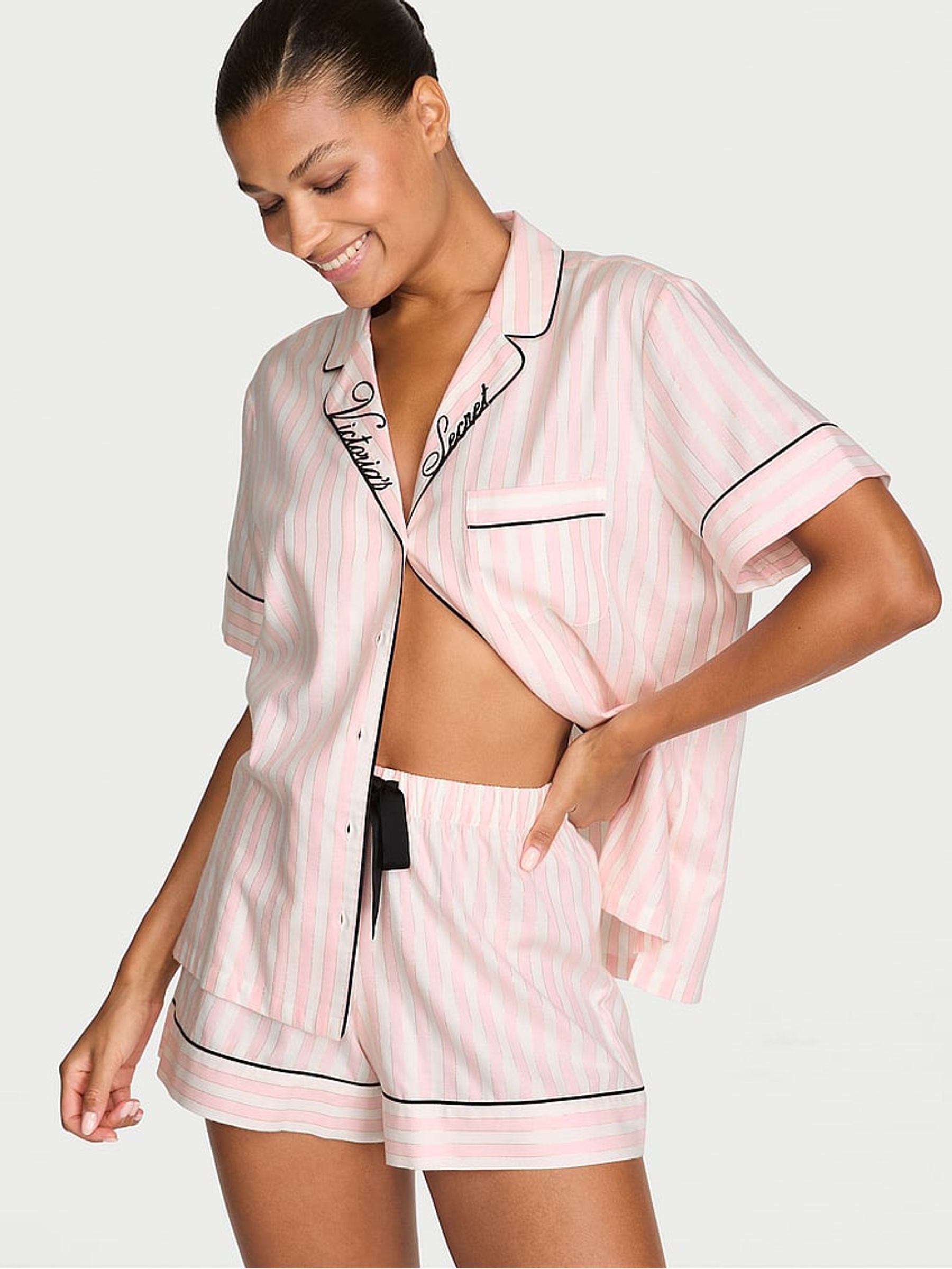 Pretty Blossom Pink Iconic Stripe Flannel Shorts Pyjama Set - Image 1 of 2 Pretty Blossom Pink Iconic Stripe Flannel Shorts Pyjama Set - Image 1 of 2